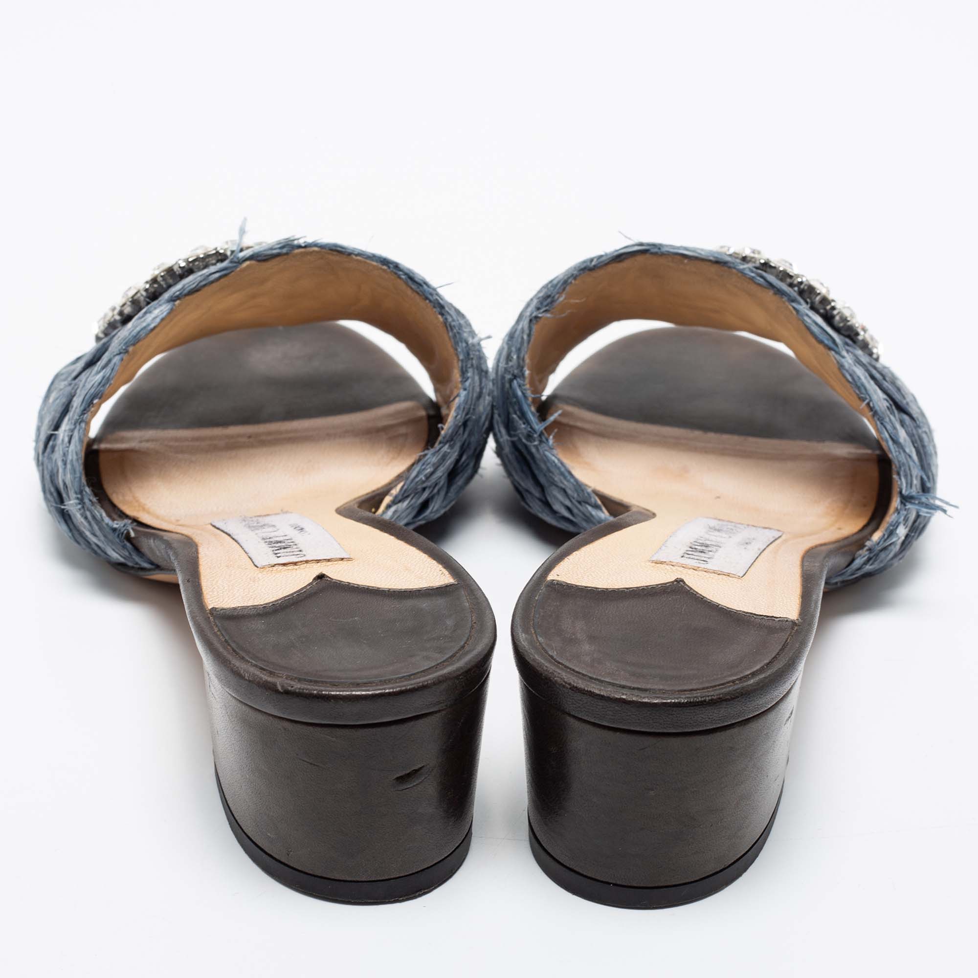 Jimmy Choo Blue Raffia Granger Slide Sandals Size 38.5