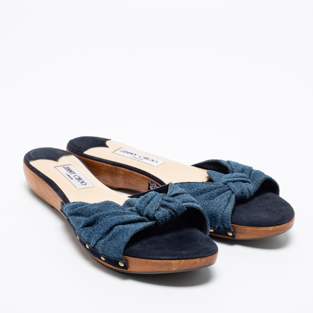 Jimmy Choo Blue Denim Knot Slide Sandals Size 41