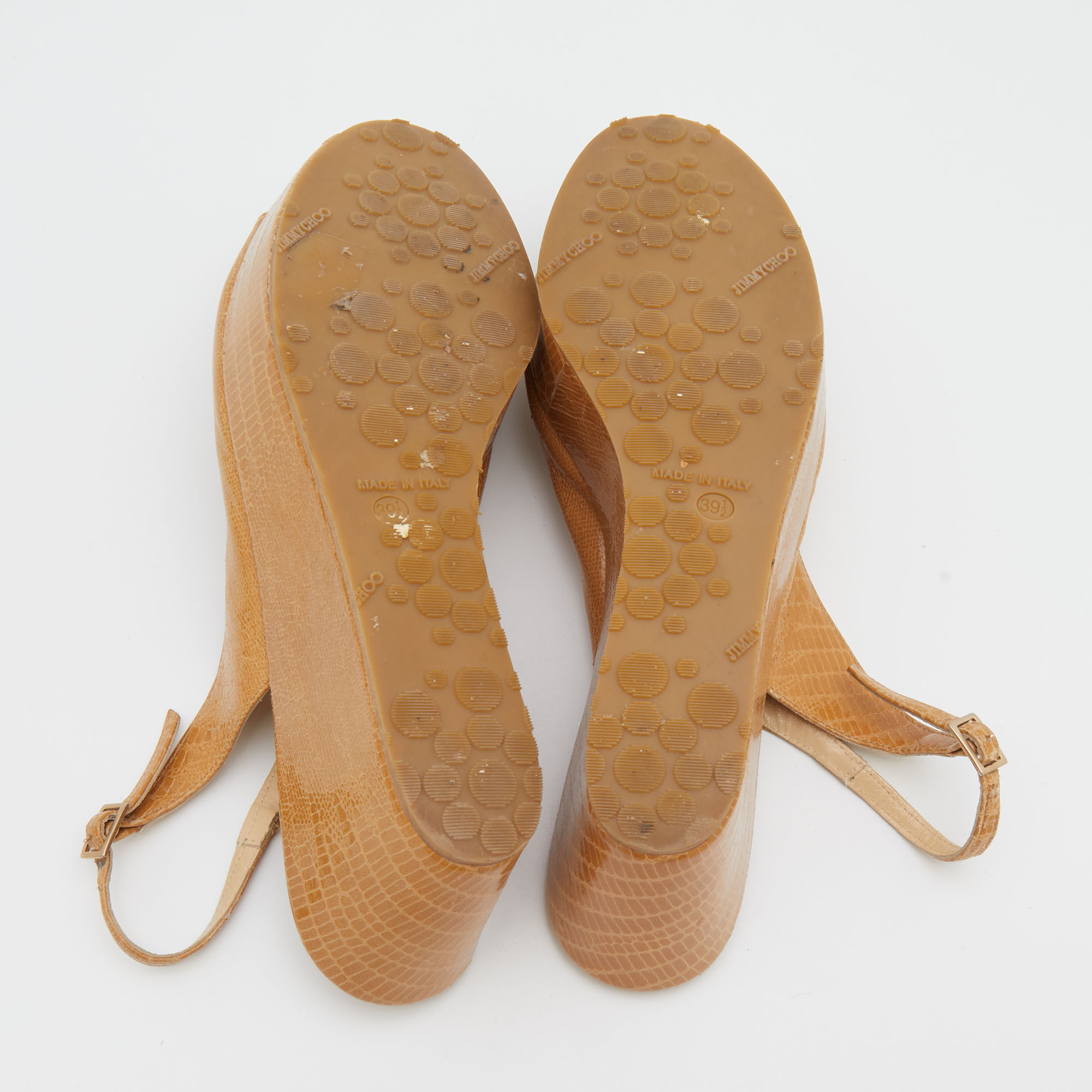 Jimmy Choo Beige Lizard Embossed Leather Slingback Wedge Sandals Size 39.5