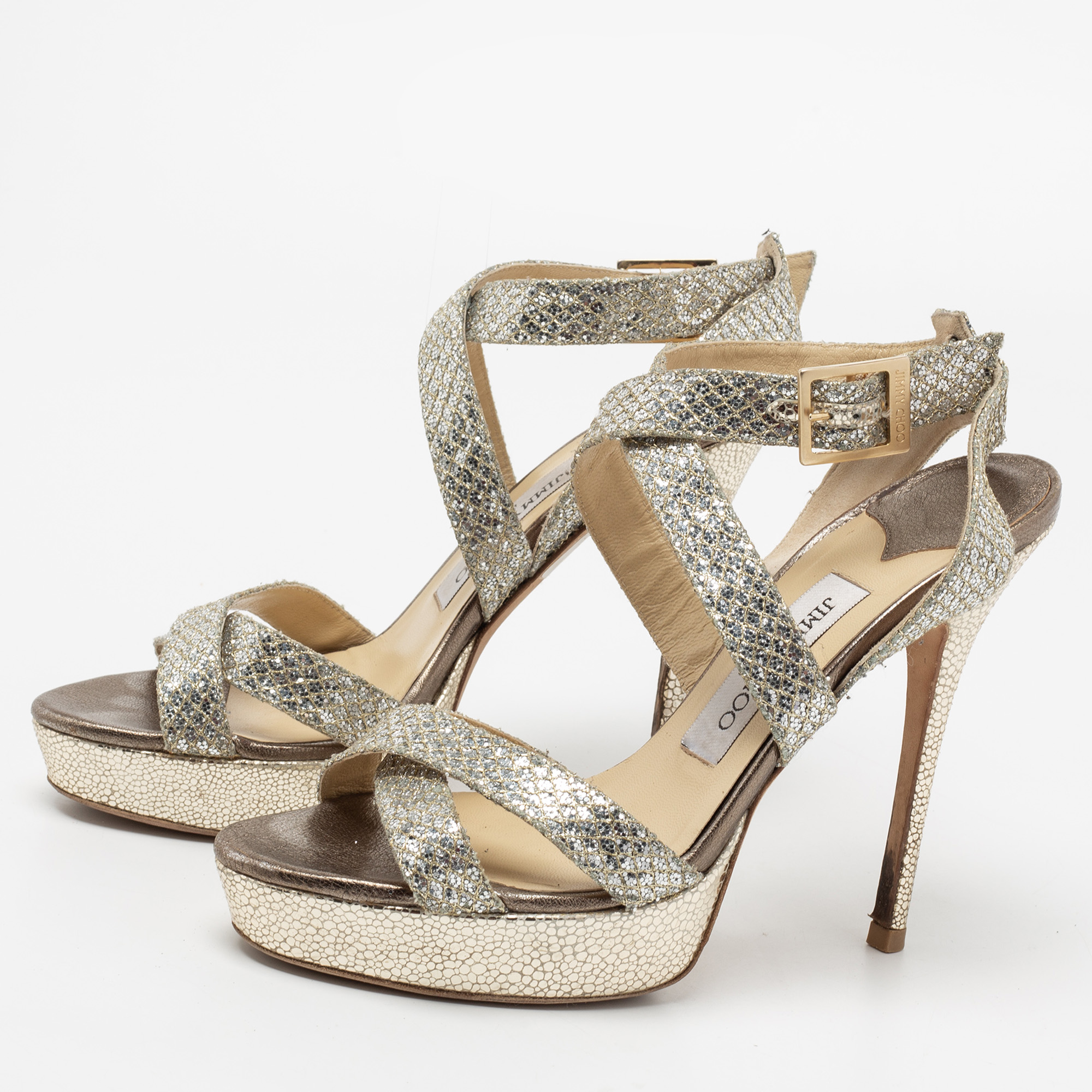 

Jimmy Choo Metallic Silver/Gold Glitter And Lame Fabric Vamp Platform Ankle Strap Sandals Size
