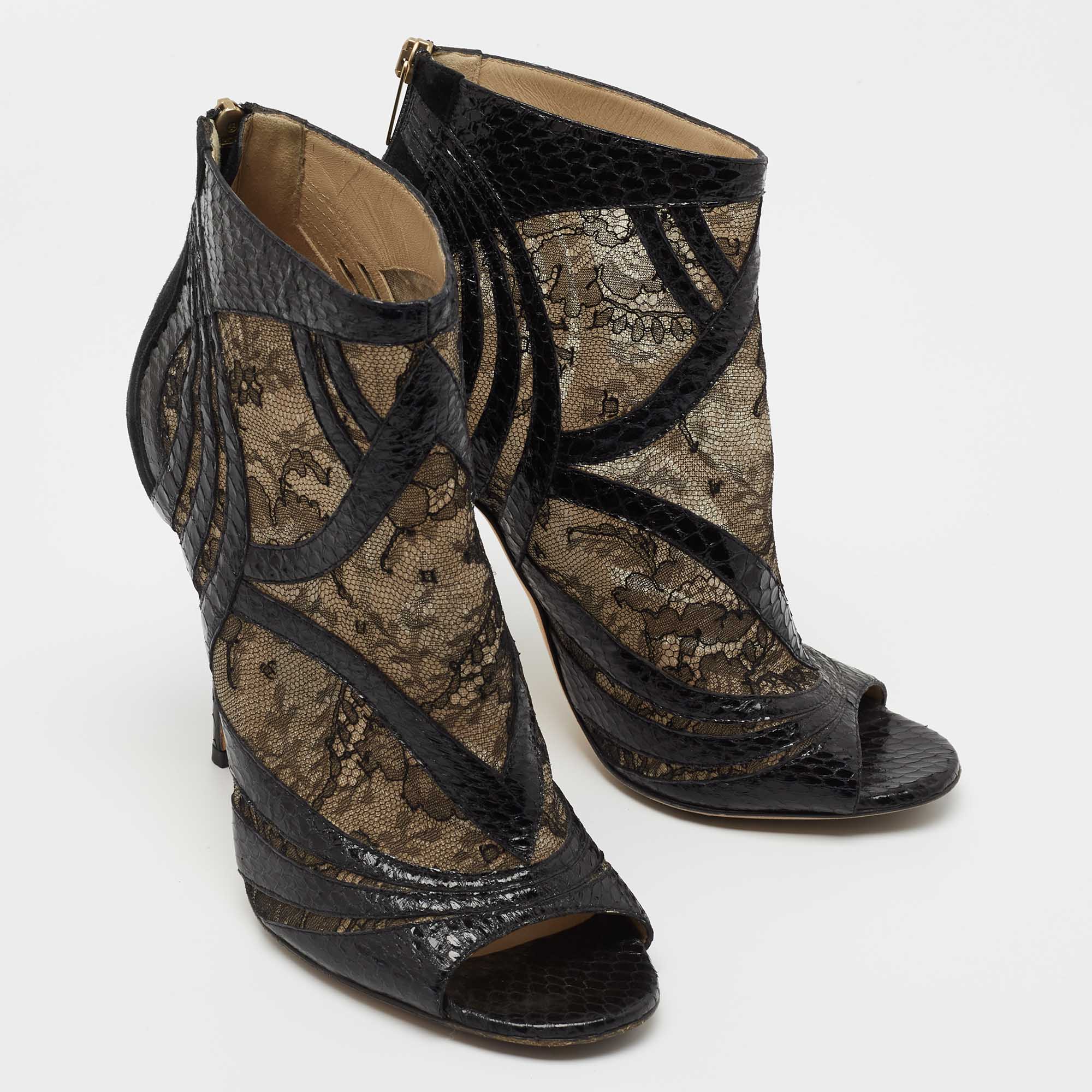 Jimmy Choo Black/Beige Snakeskin And Lace Ankle Boots Size 40