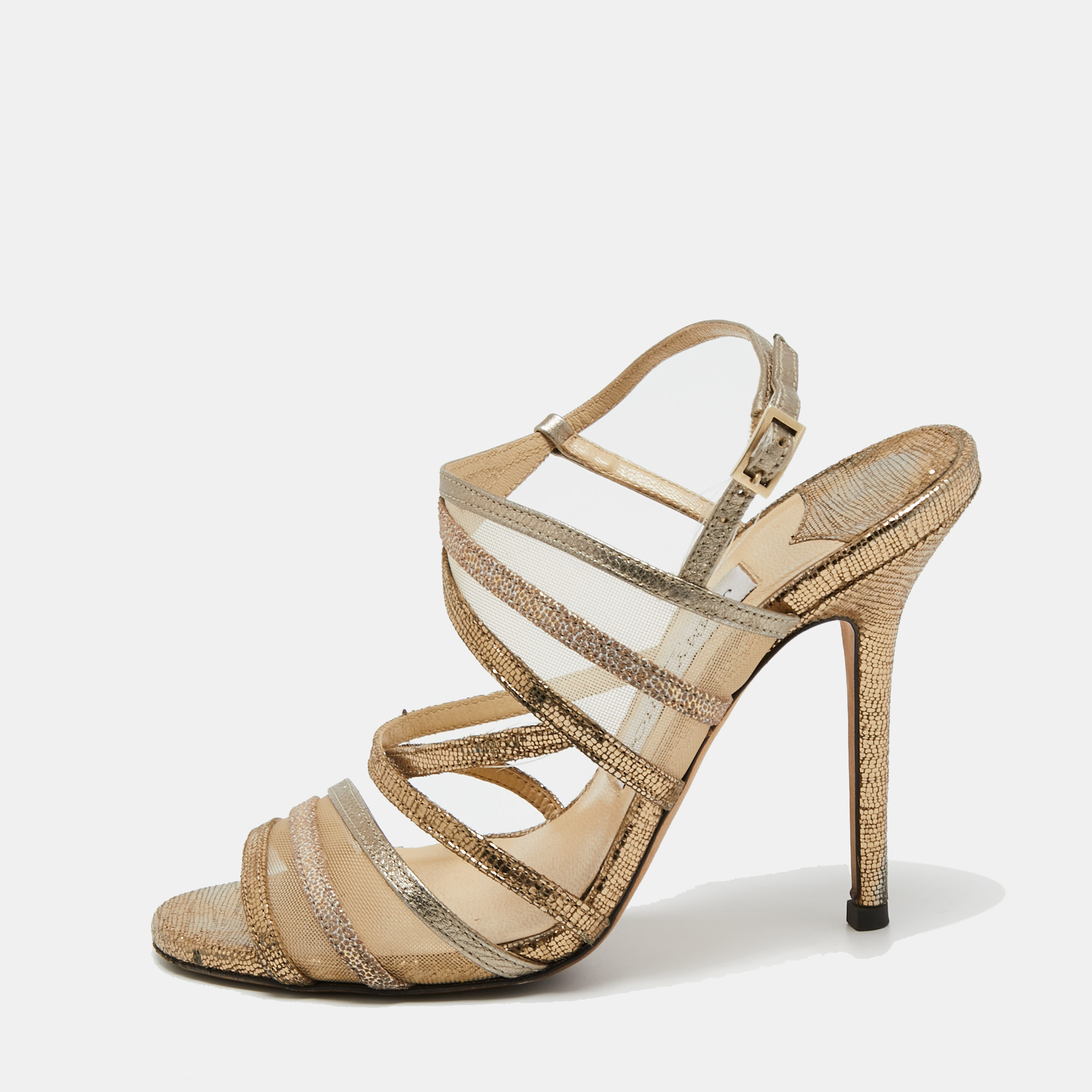 Jimmy choo metallic gold mesh and leather ankle strap sandals size 36