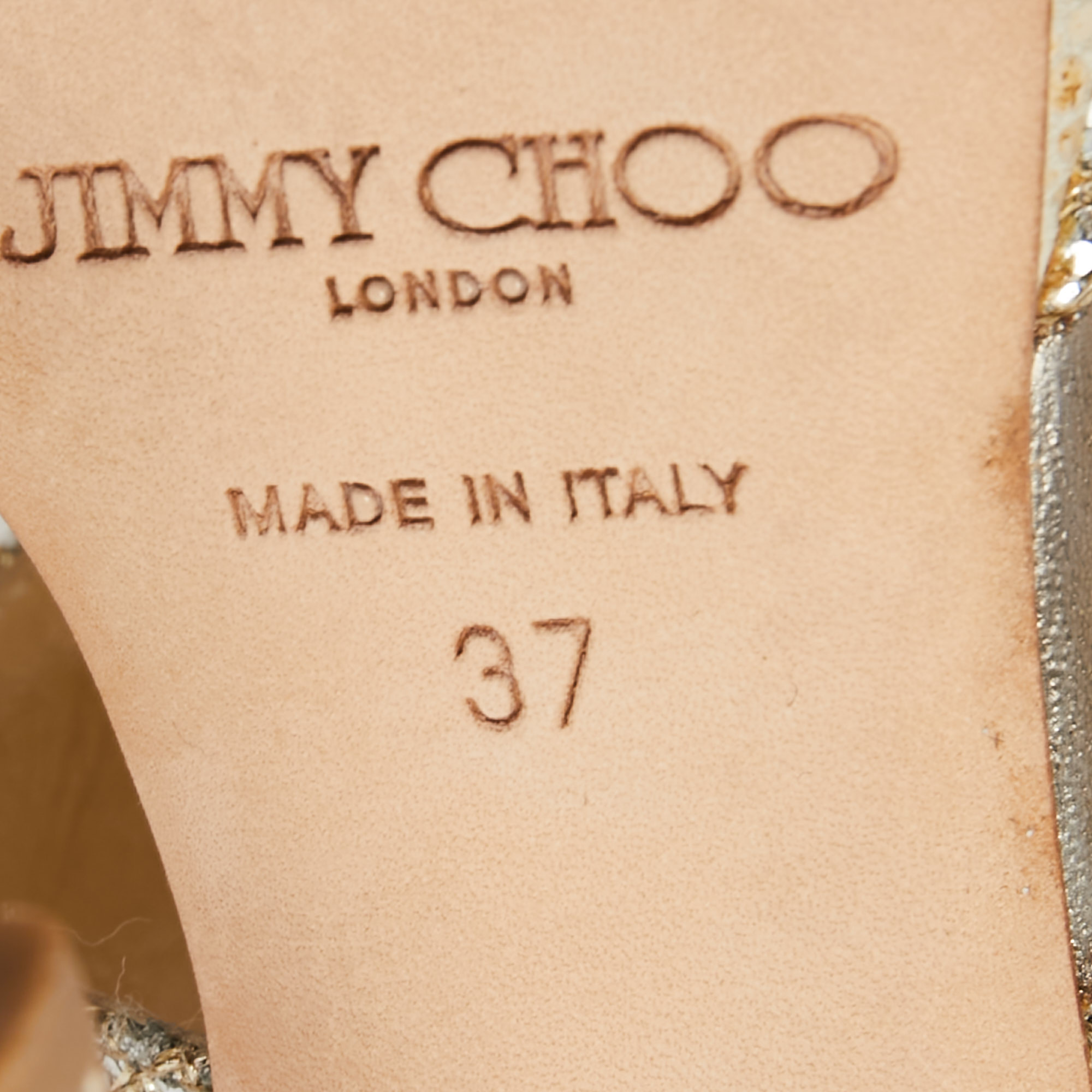 Jimmy Choo Metallic Silver Glitter Private Platform Sandals Size 37