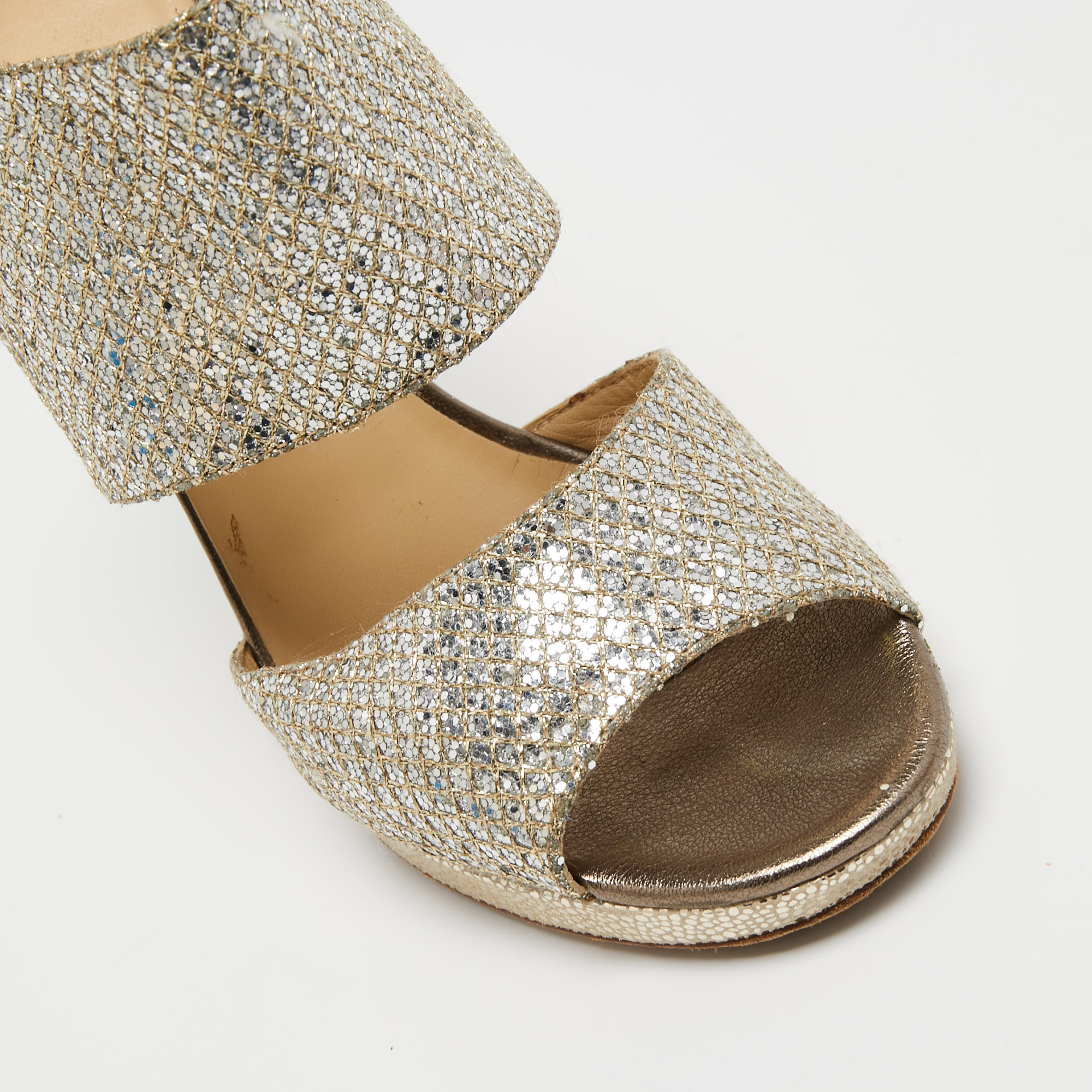 Jimmy Choo Metallic Silver Glitter Private Platform Sandals Size 37