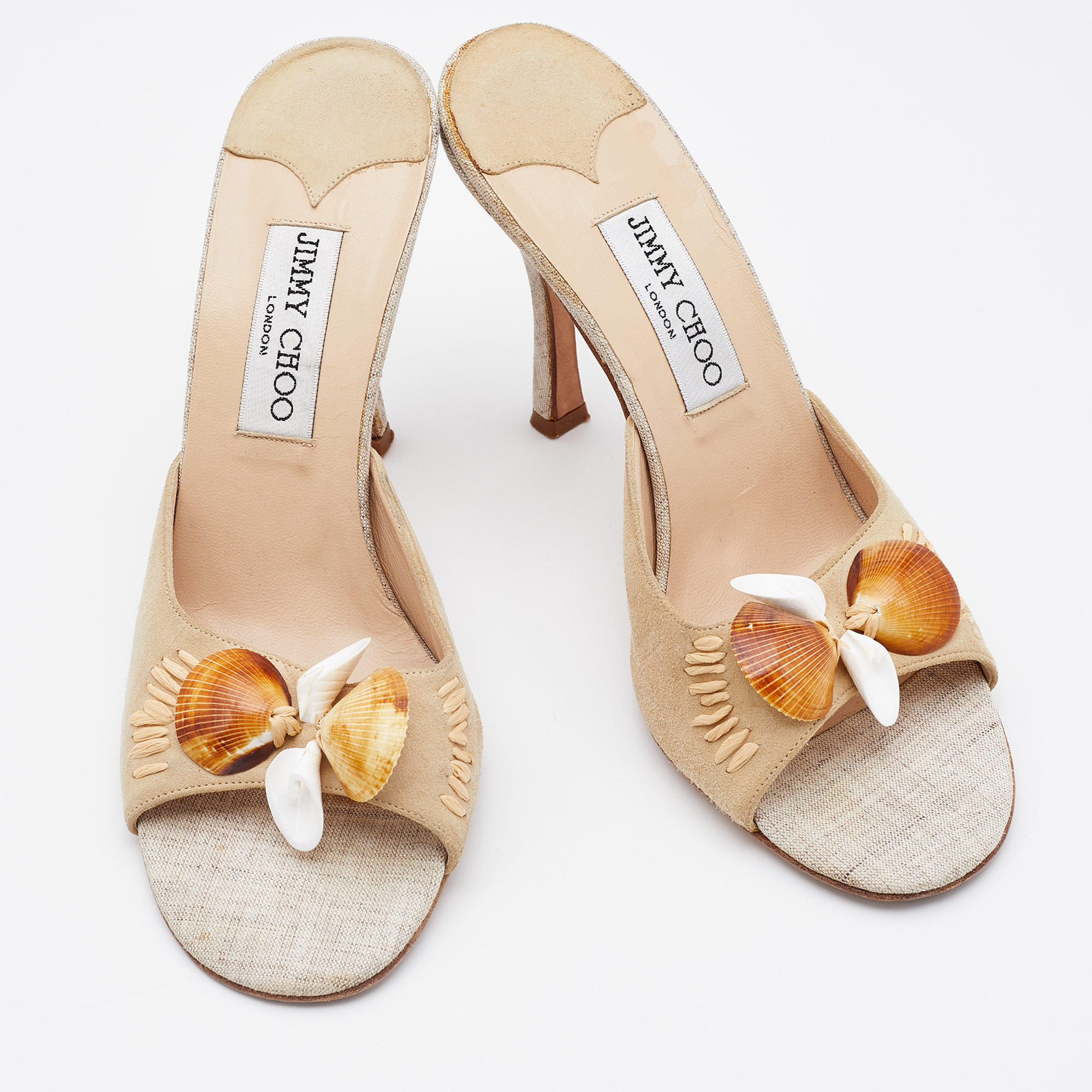 Jimmy Choo Beige Suede And Raffia Embellished Slide Sandals Size 38.5