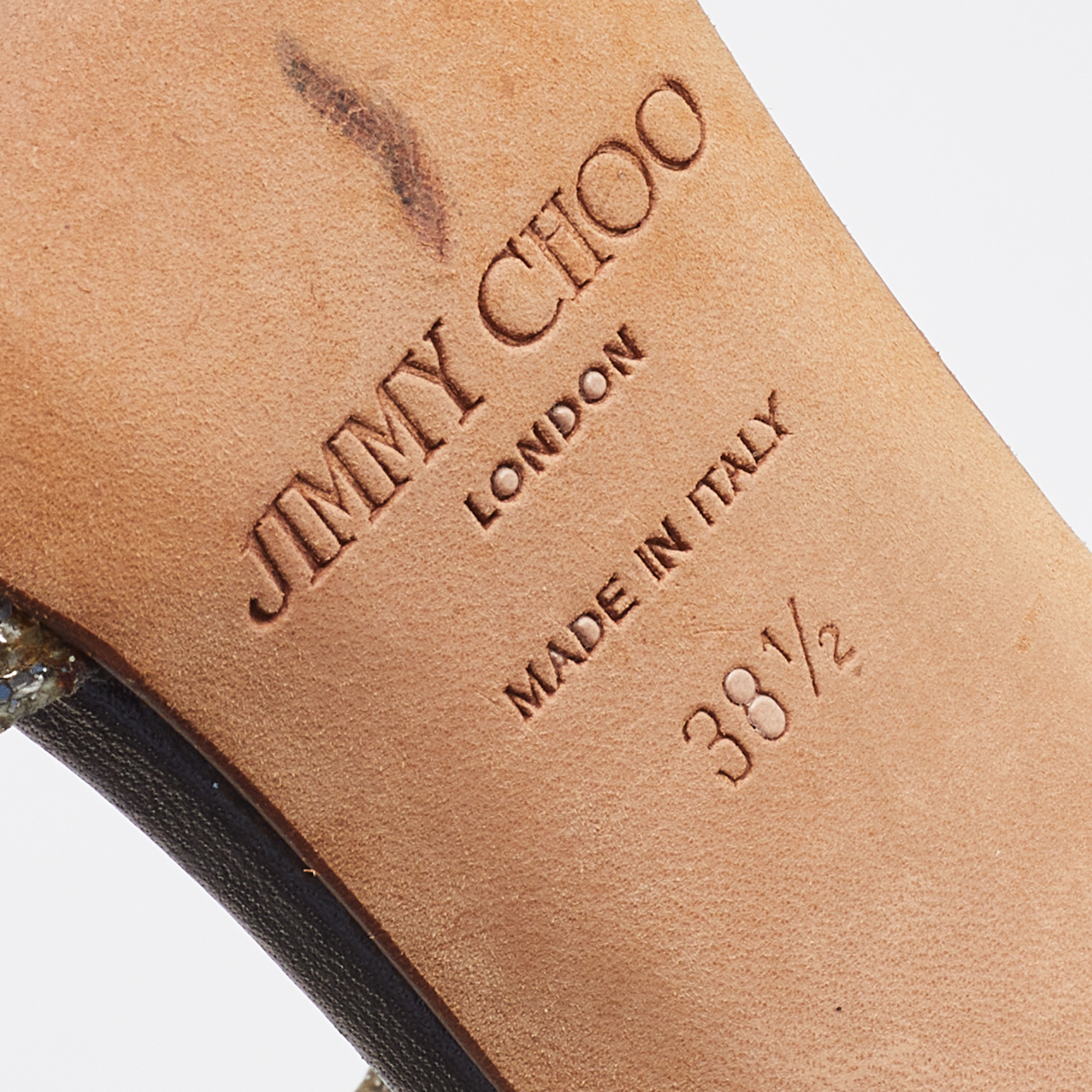 Jimmy Choo Gold Coarse Glitter Peep Toe Ankle Strap Sandals Size 38.5