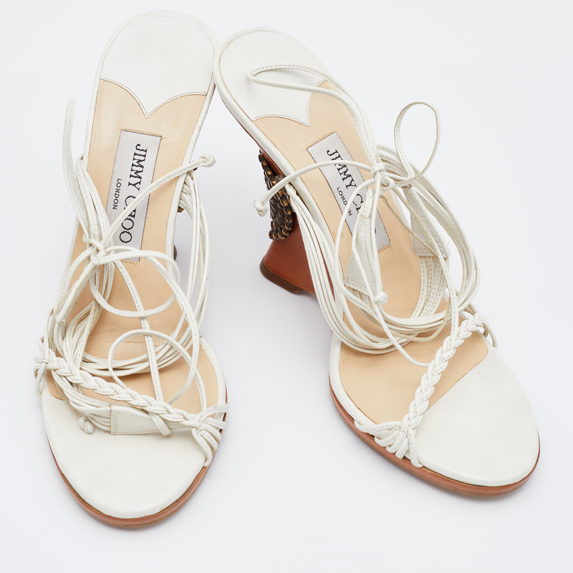 Jimmy Choo White Leather Ankle Wrap Wedge Sandals Size 37.5