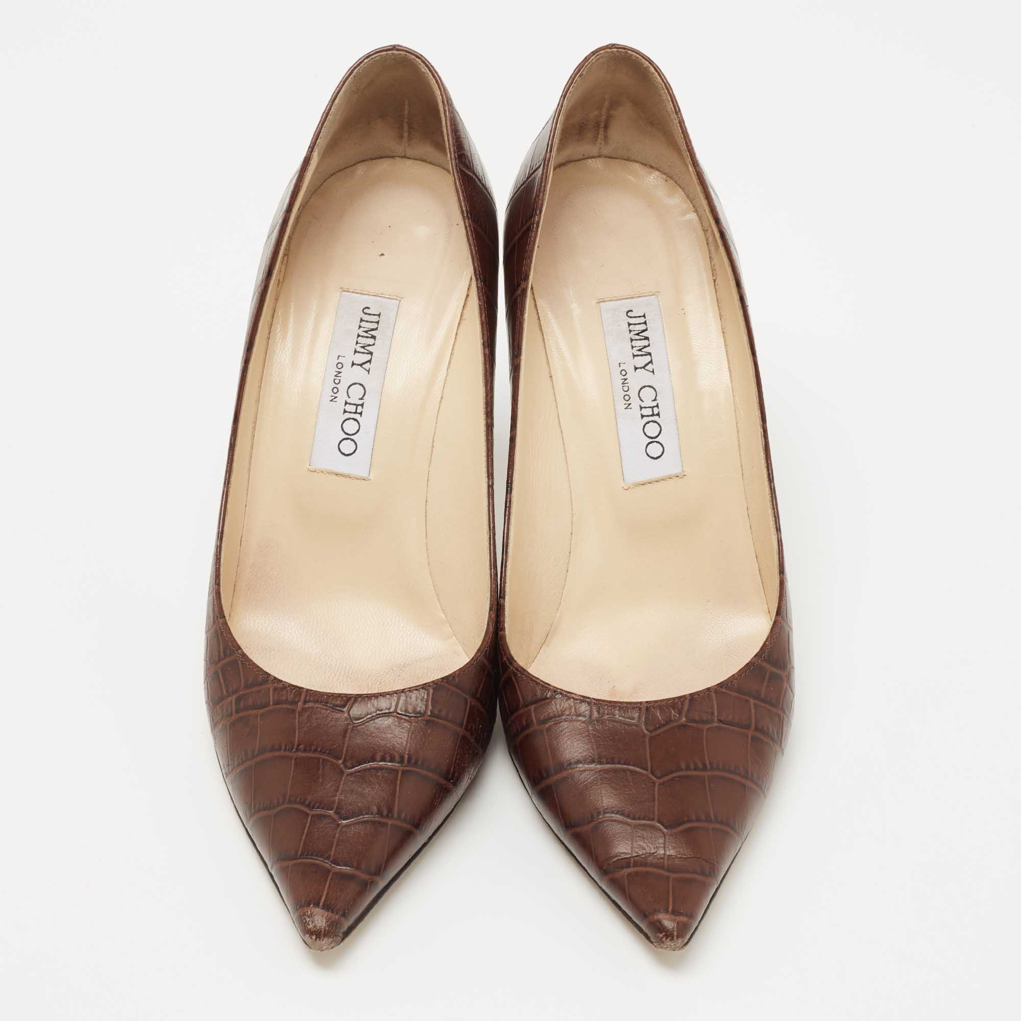 Jimmy Choo Brown Croc Embossed Leather  Love Pumps Size 39