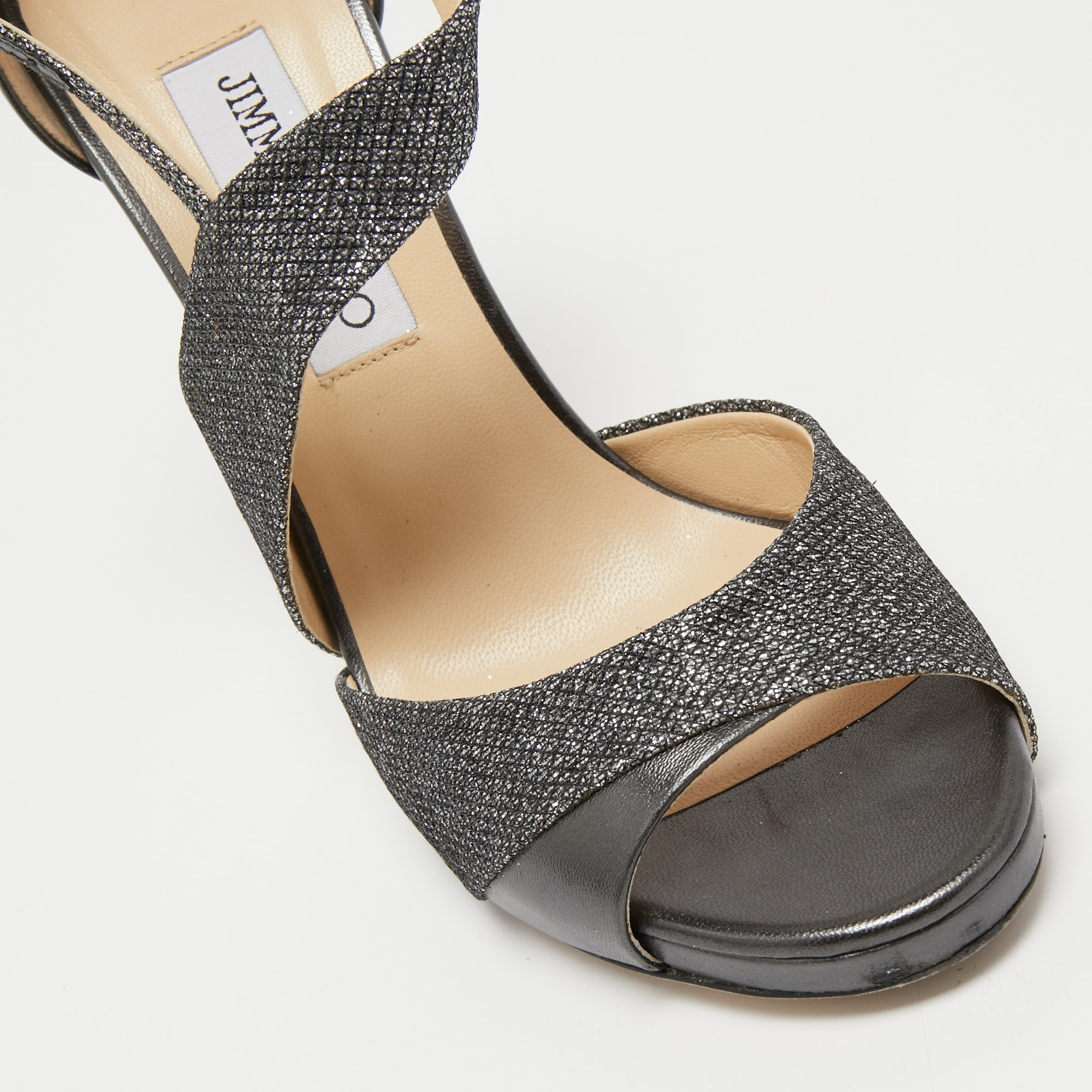 Jimmy Choo Metallic Grey Lurex Fabric And Leather Ankle Strap Sandals Size 39.5