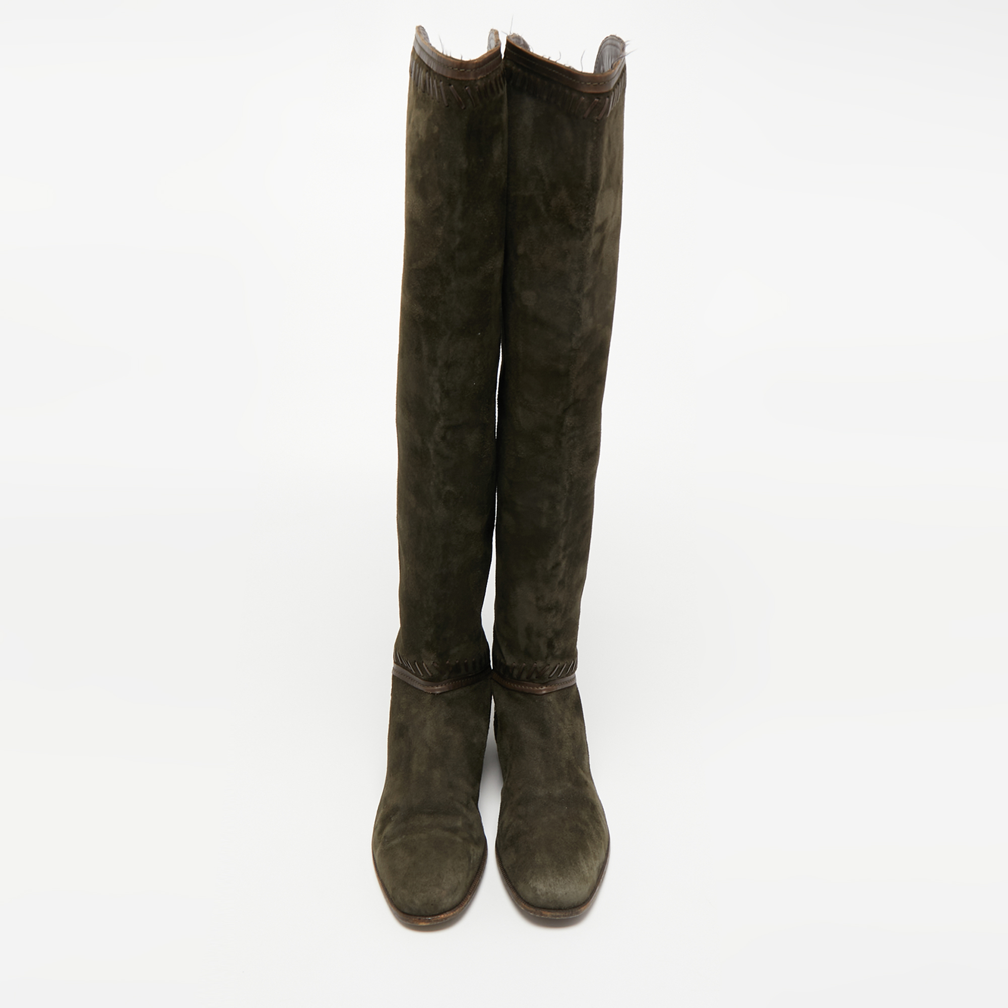 Jimmy Choo Green Suede And  Leather Knee Length Boots Size 38