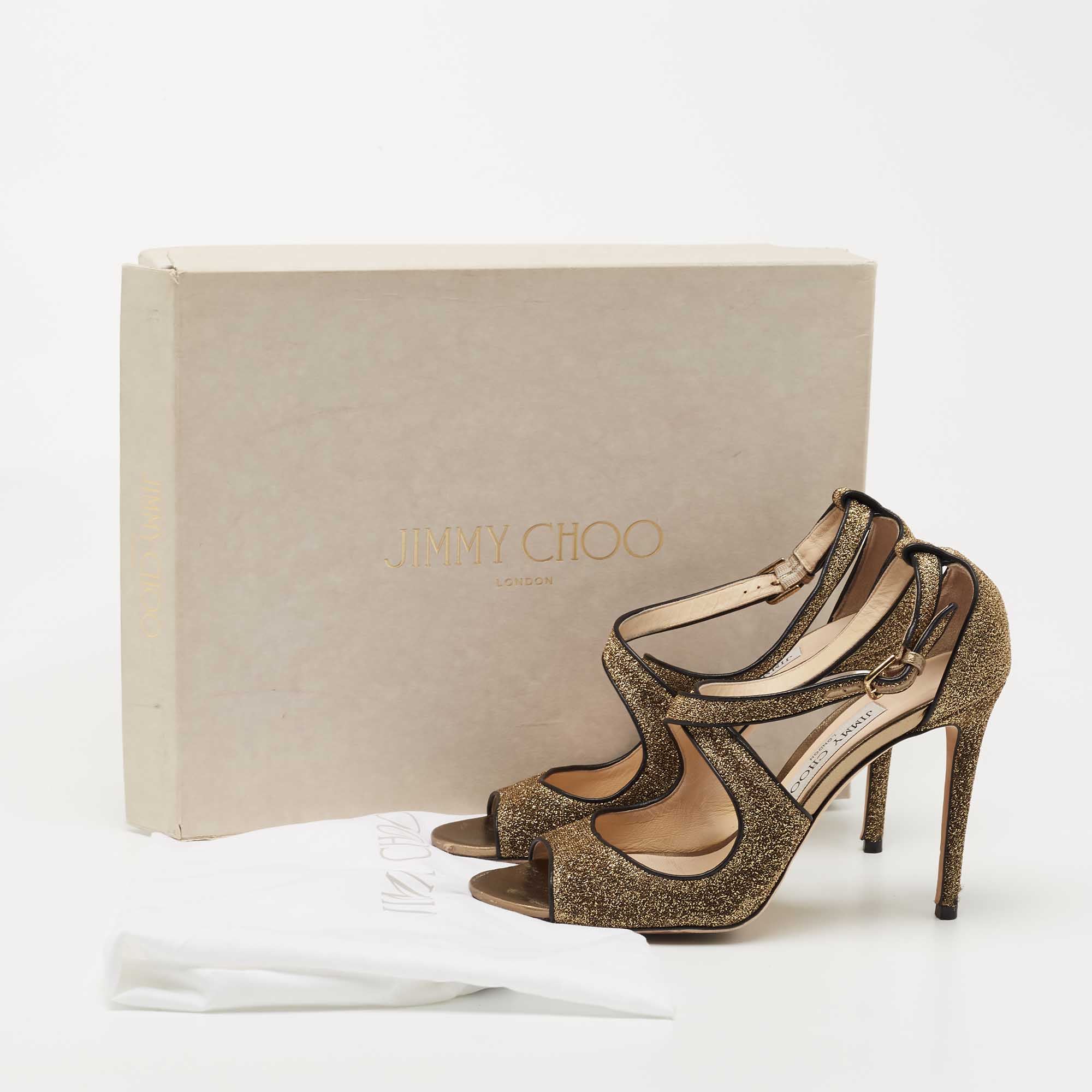 Jimmy Choo Metallic Gold Lurex Fabric And Leather Ankle Strap Sandals Size 38