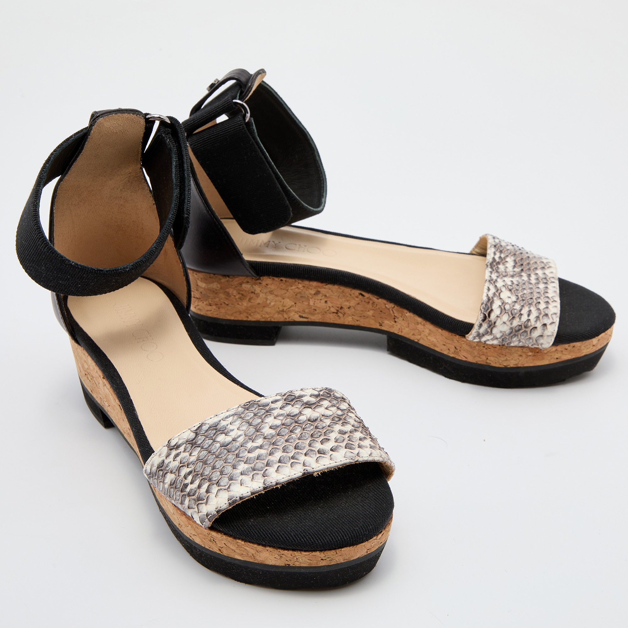 Jimmy Choo Black/Grey Snakeskin Leather Platform Ankle Strap Sandals Size 36