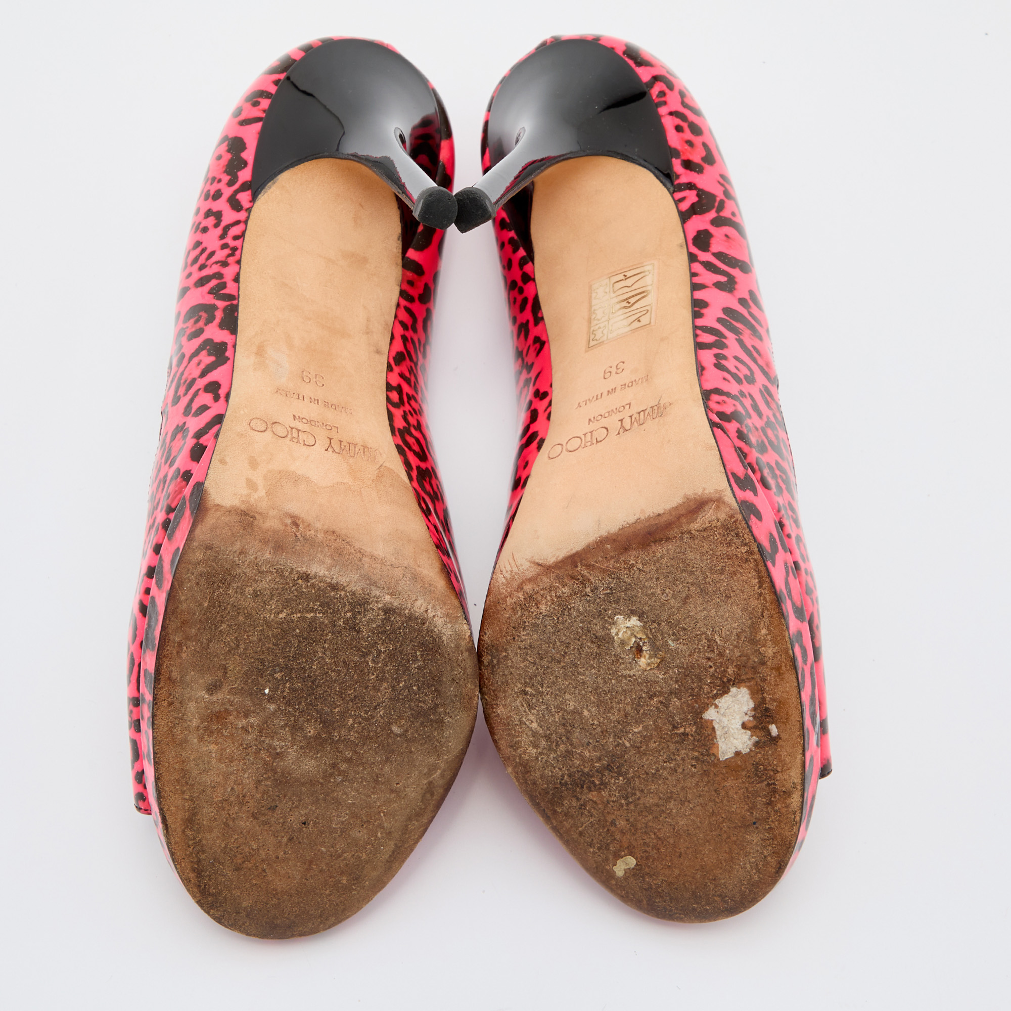 Jimmy Choo Pink Leopard Print Patent Leather Open Toe Pumps Size 39