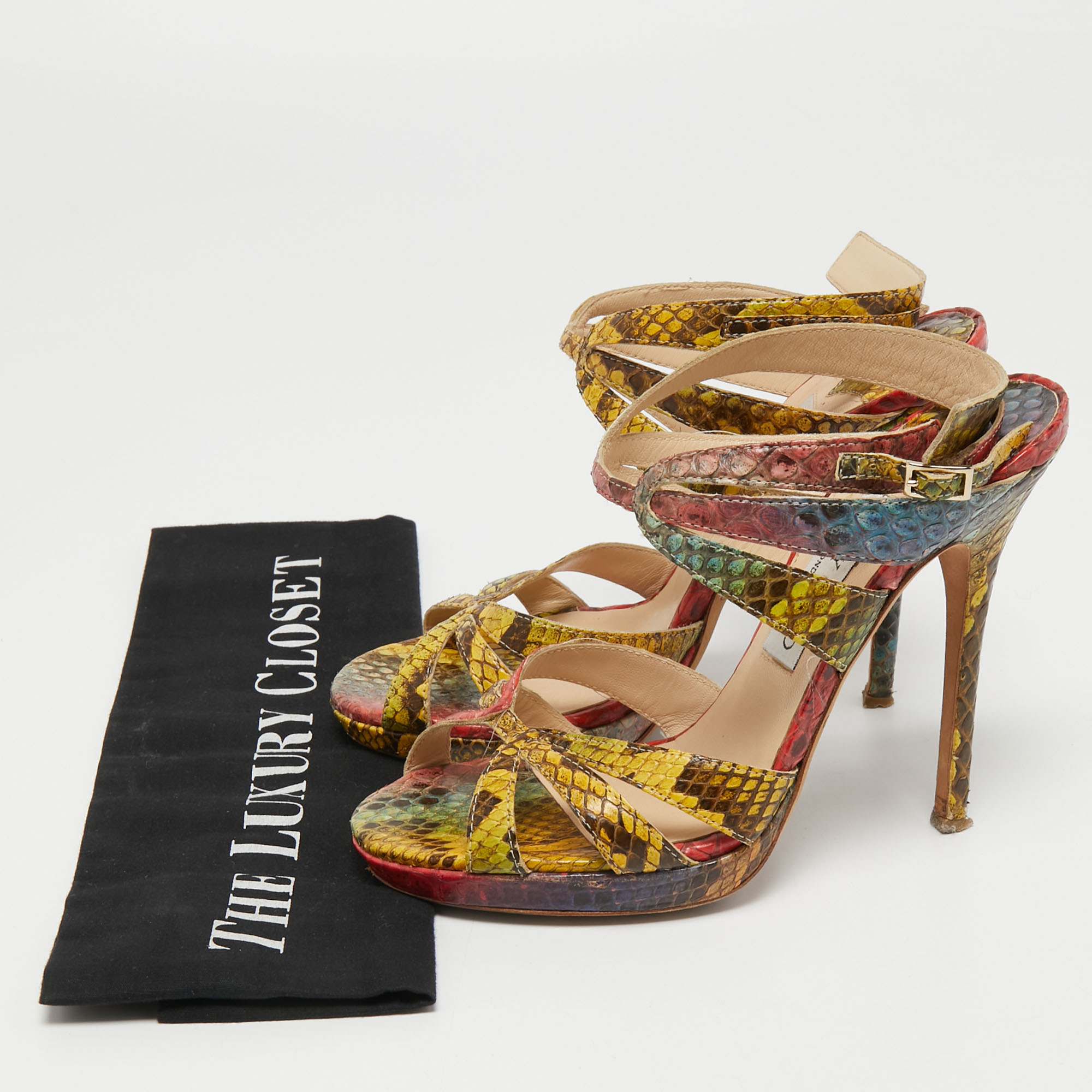 Jimmy Choo Multicolor Python Embossed Leather Ankle Straps Open Toe Sandals Size 37