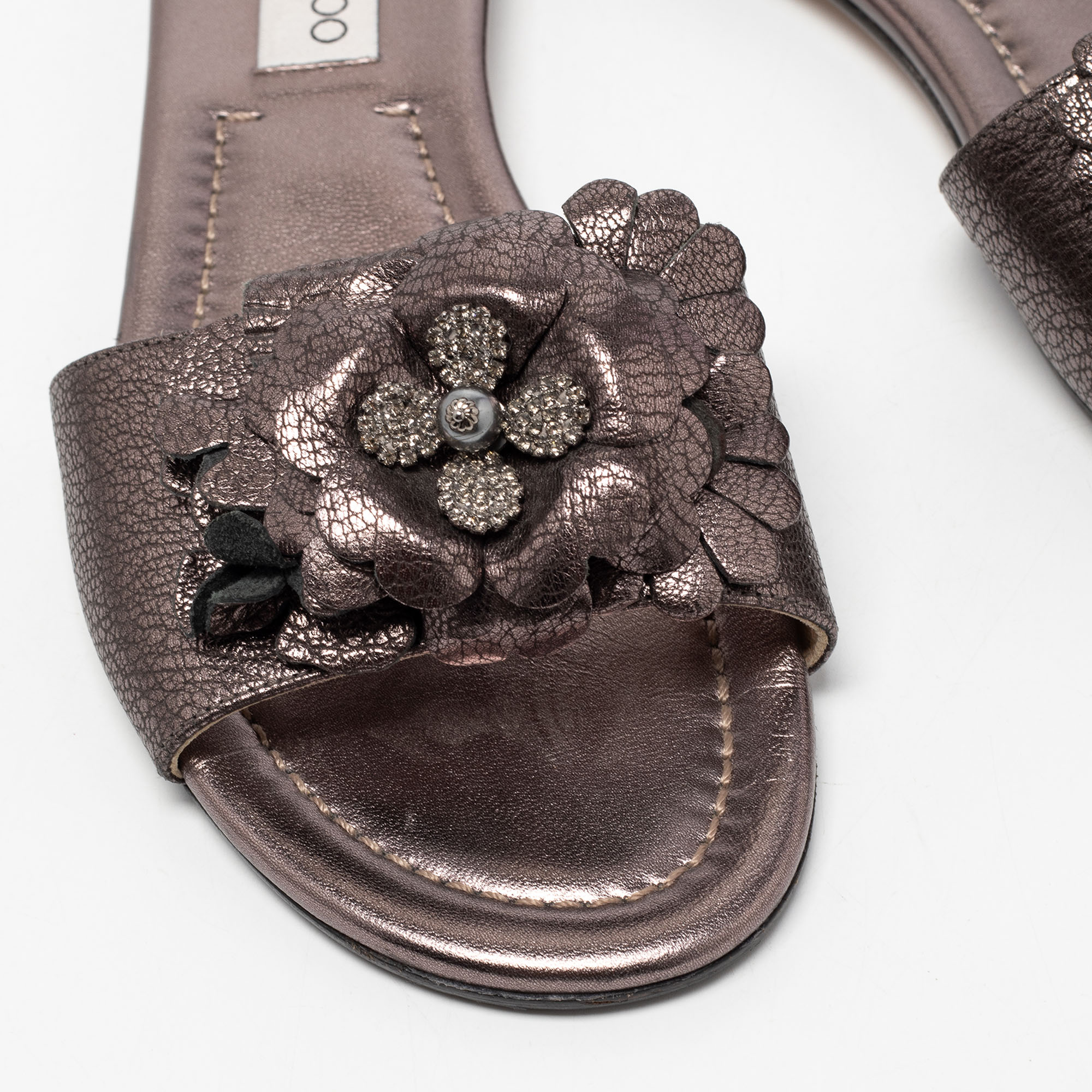 Jimmy Choo Metallic Bronze Leather Neave Floral Applique Slides 38.5