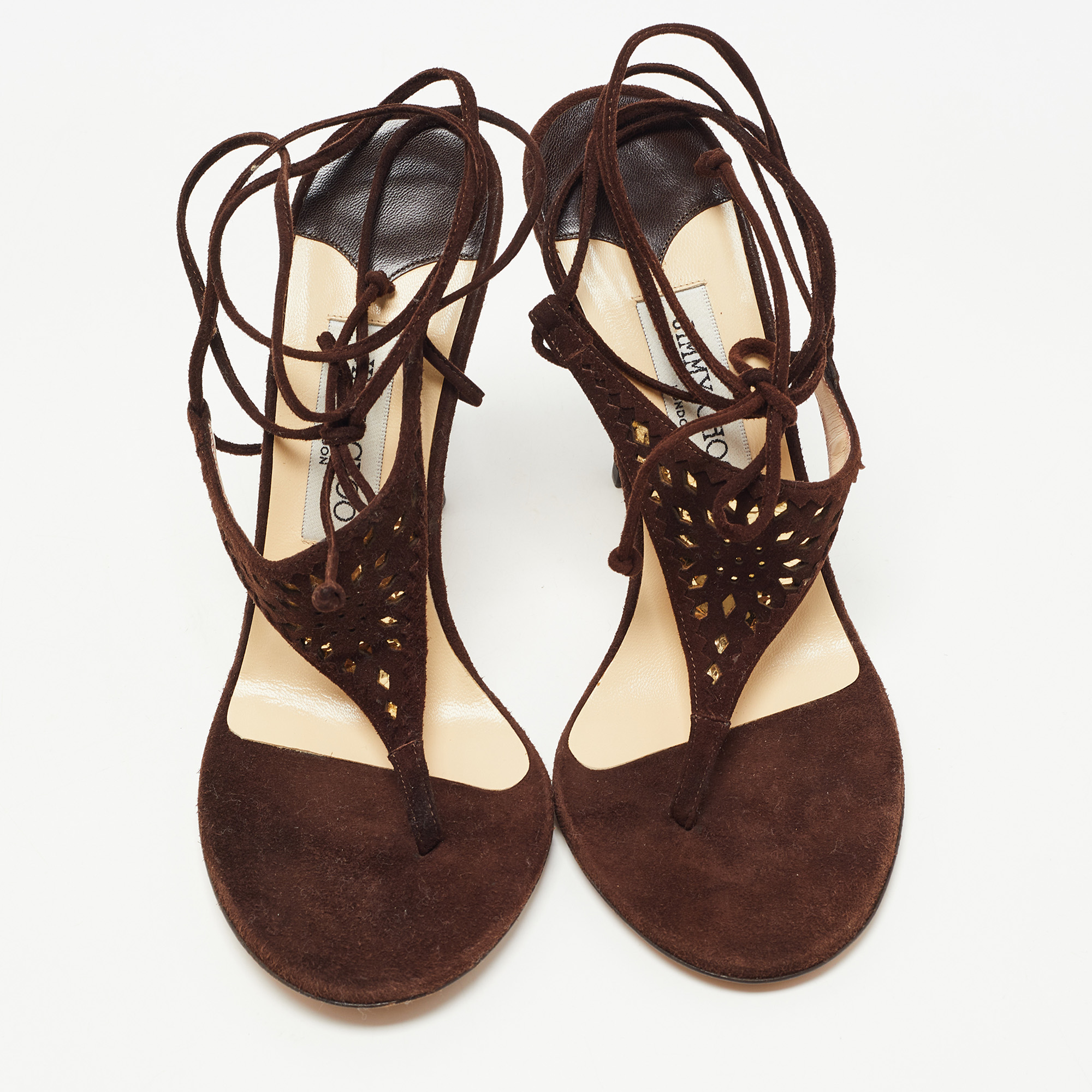 Jimmy Choo Brown Laser Cut Suede Ankle Tie Thong Sandals Size 39.5