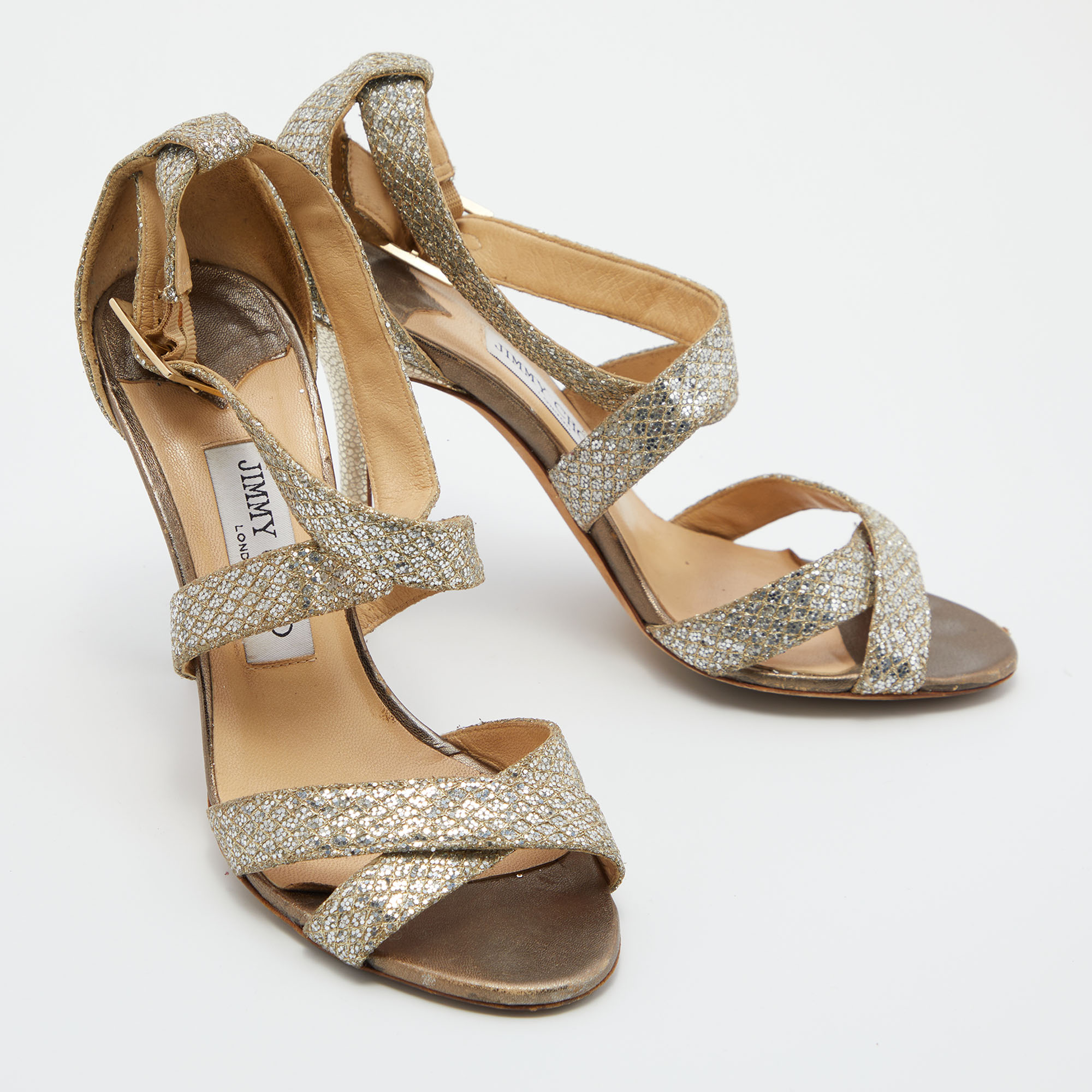Jimmy Choo Gold Glitter Louise Strappy Sandals Size 38