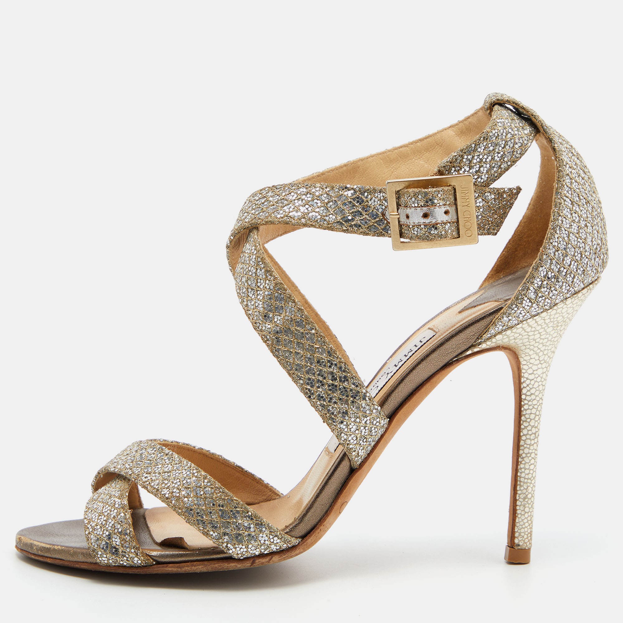 Jimmy Choo Gold Glitter Louise Strappy Sandals Size 38
