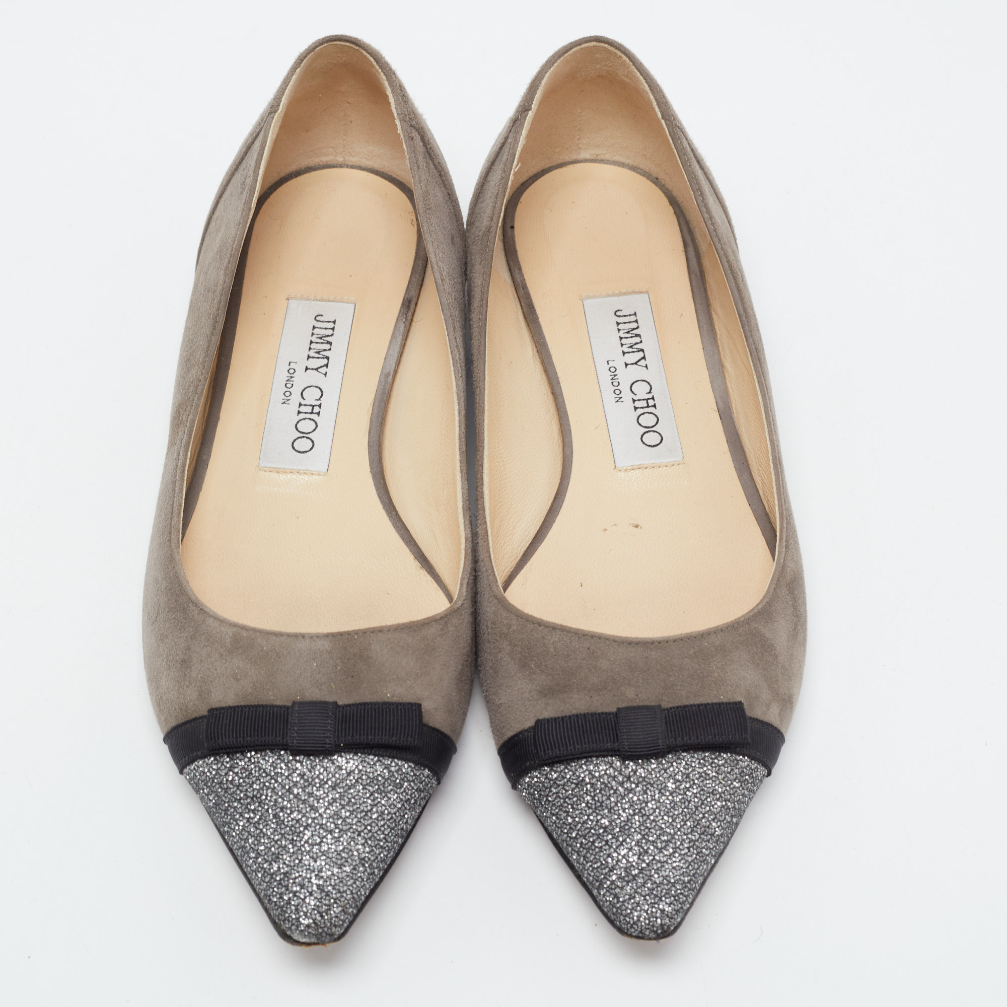 Jimmy Choo Dark Grey Suede And Glitter Bow Ballet Flats Size 35.5