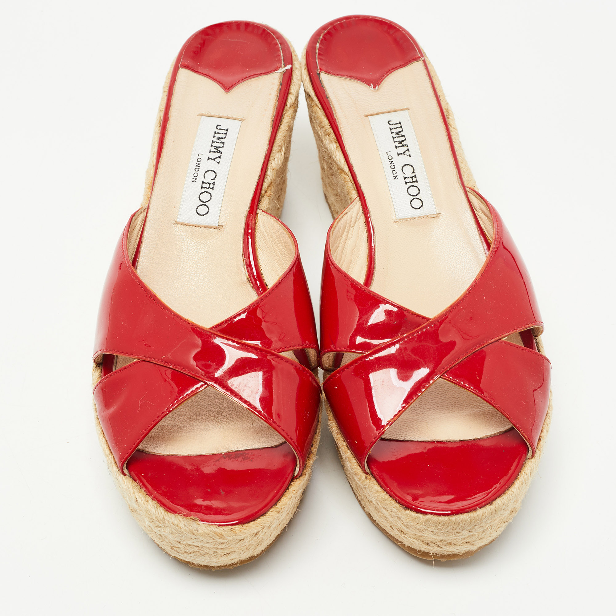 Jimmy Choo Red Patent Leather Prima Wedge Sandals Size 41
