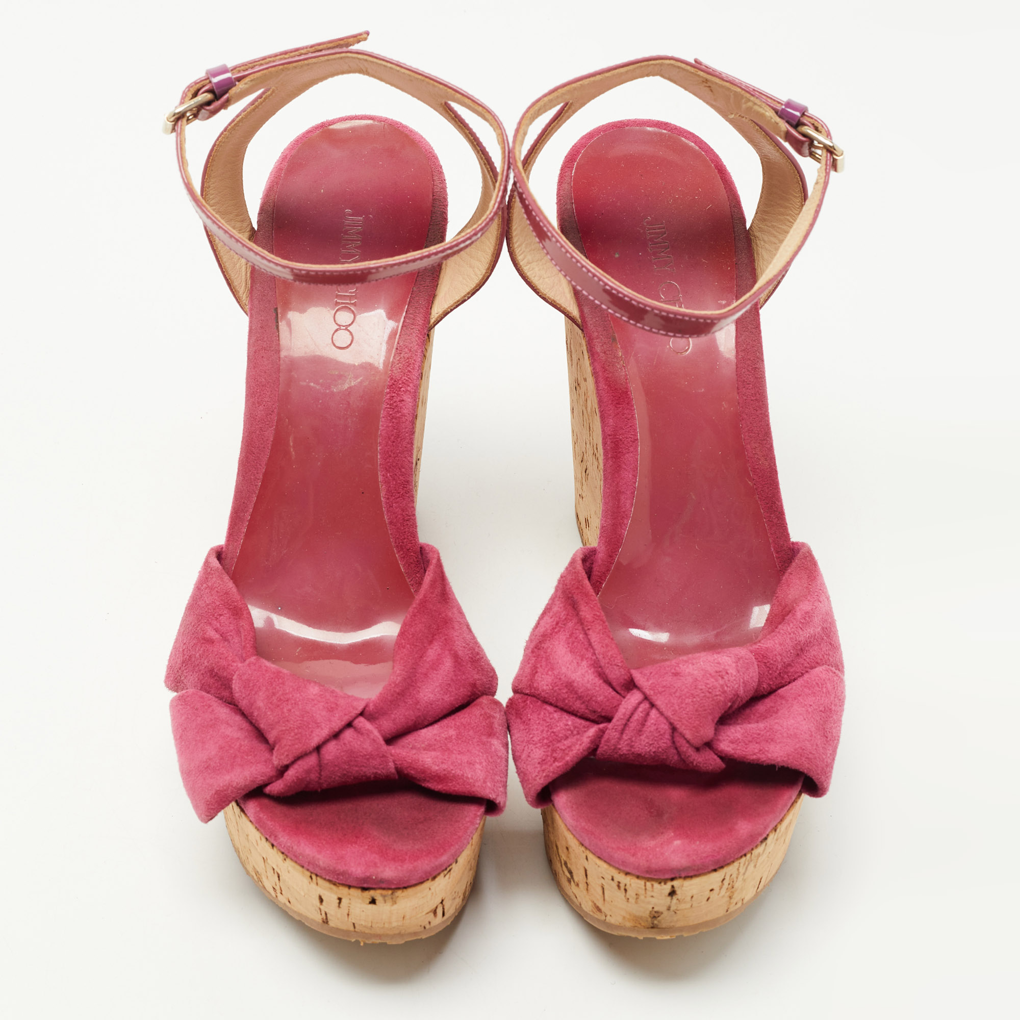 Jimmy Choo Pink Patent Leather And Suede Wedge Sandals Size 40.5