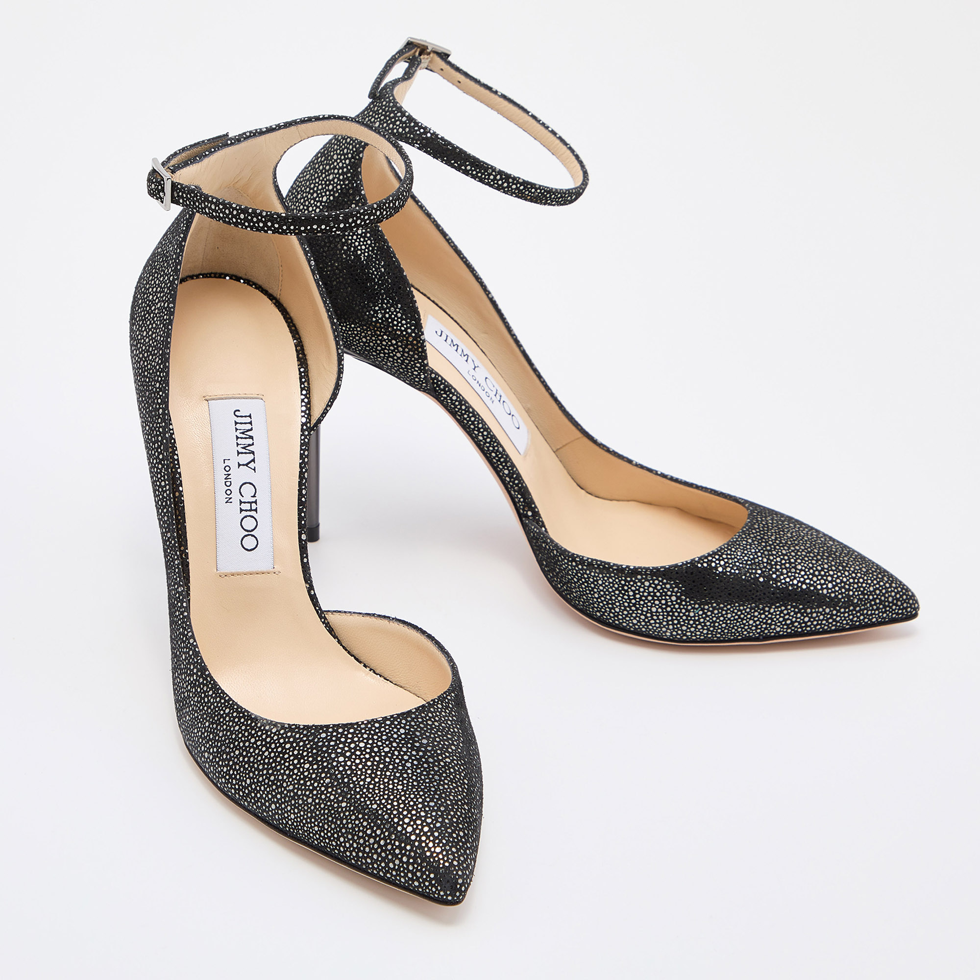 Jimmy Choo Black/Silver Suede Lucy Ankle Strap Pointed Toe Pumps Size 37