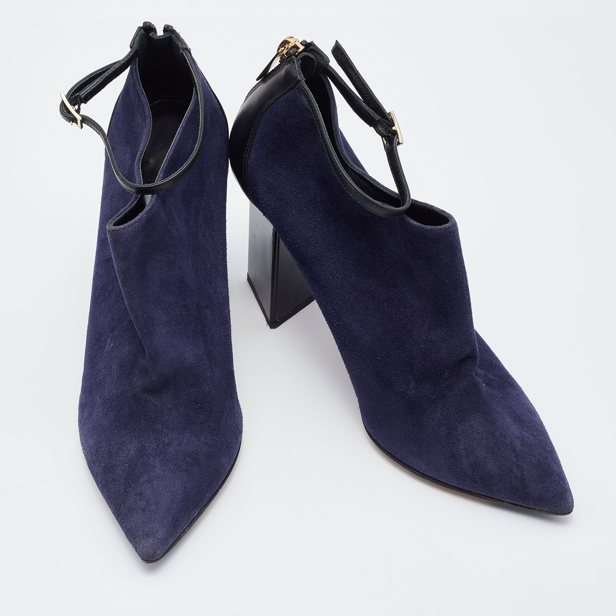 Jimmy Choo Blue/Black Suede And Leather Pointed Toe Ankle Strap Booties Size 37