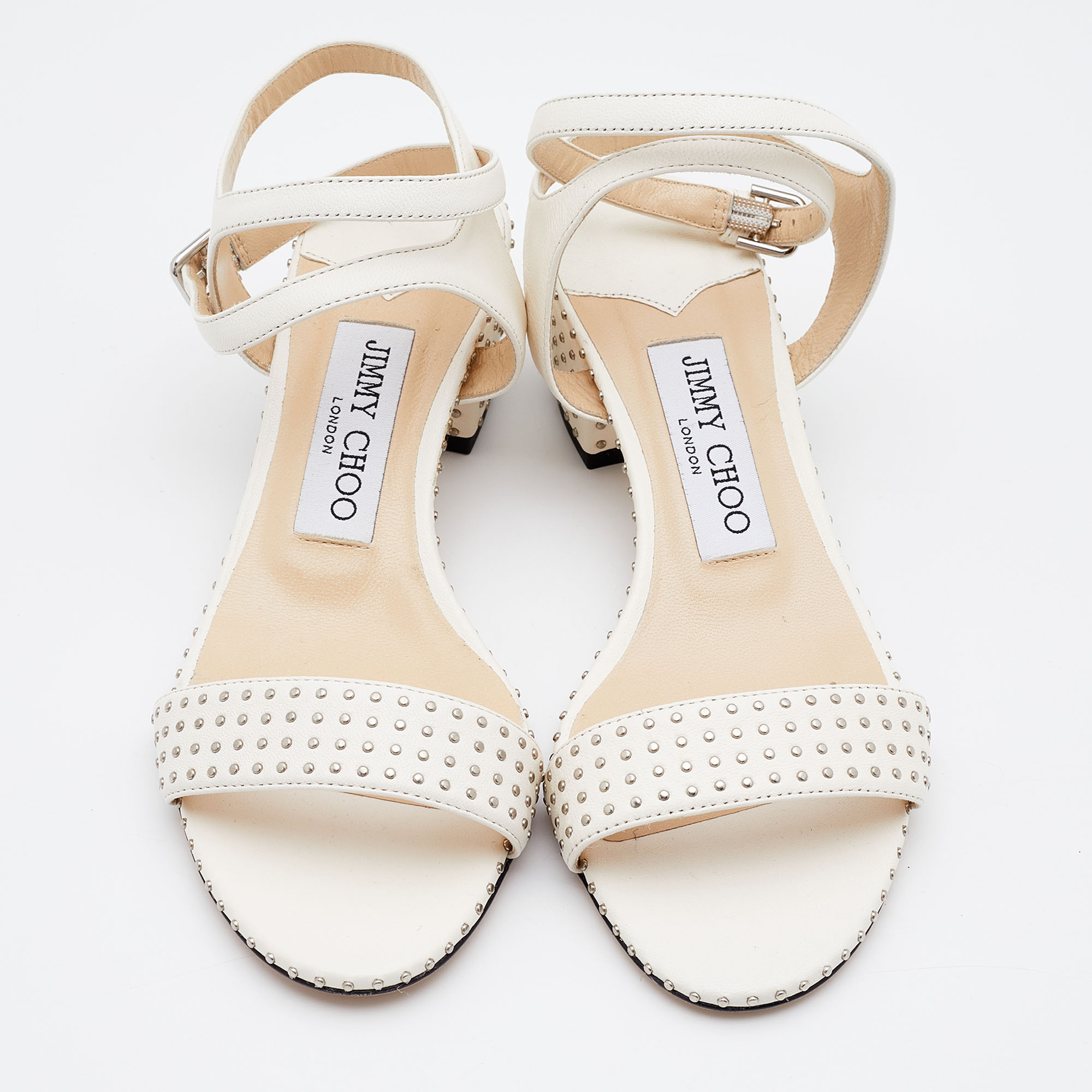 Jimmy Choo White Studded Leather Marine Block Heel Ankle Strap Sandals Size 36.5
