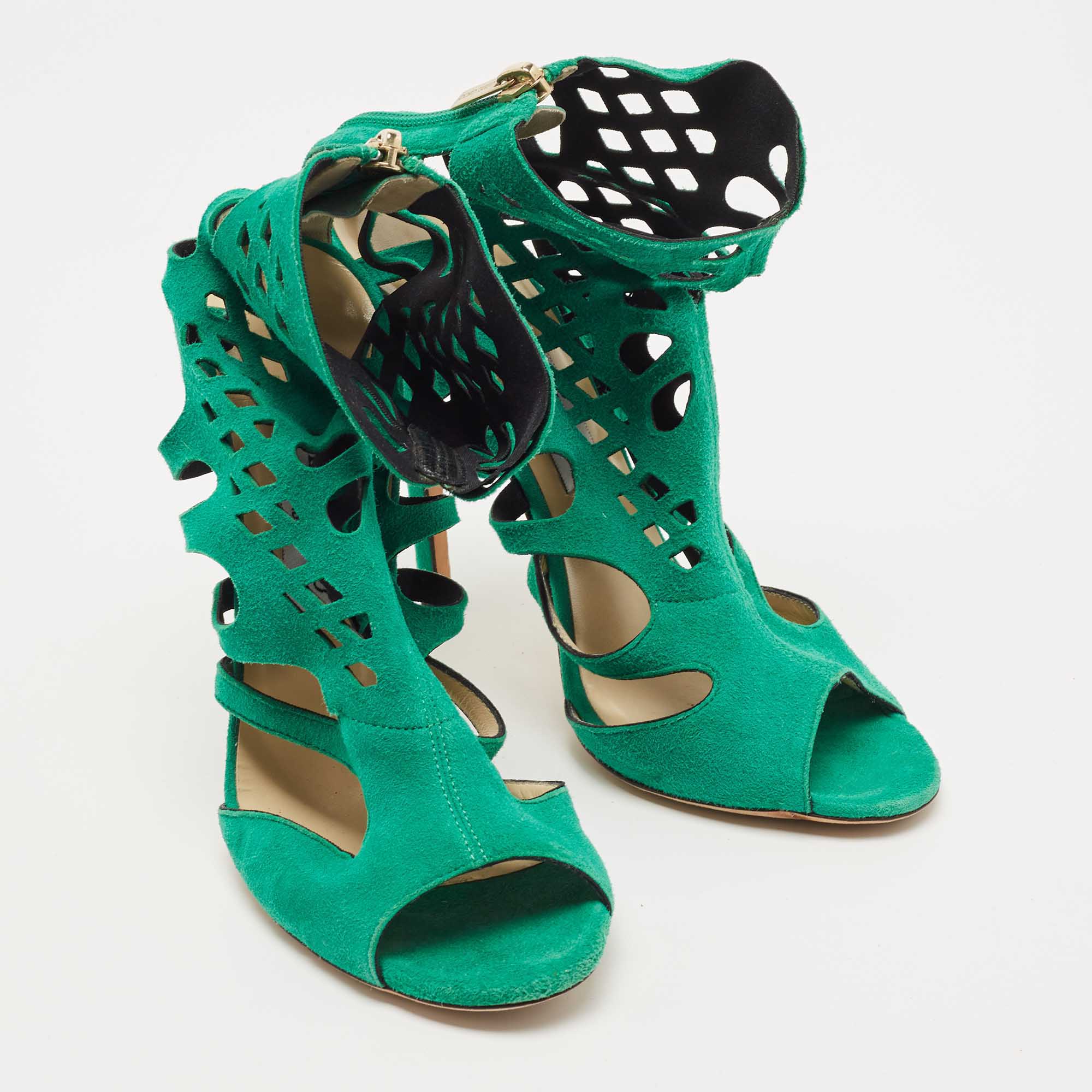 Jimmy Choo Green Suede Cut Out Sandals Size 38.5