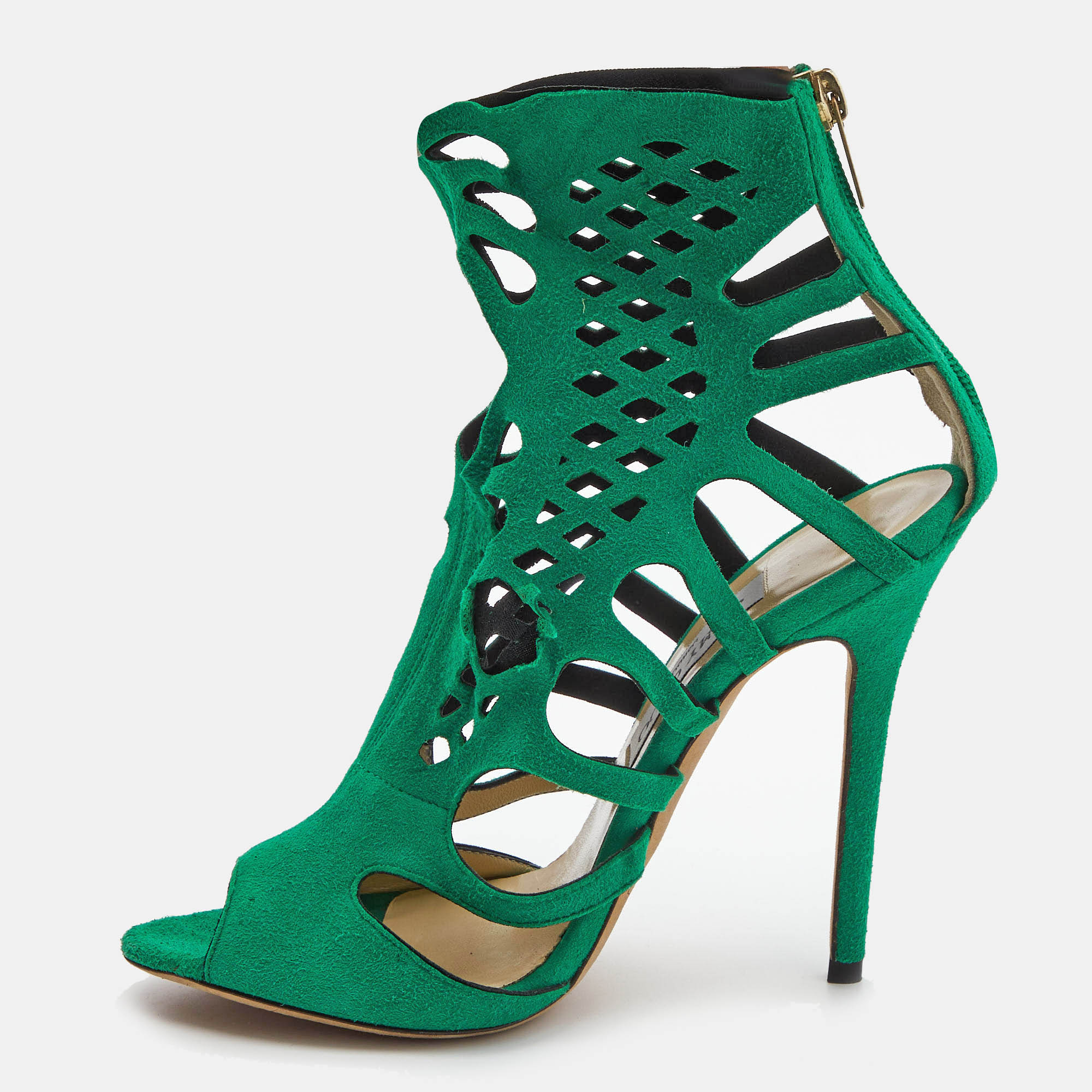Jimmy Choo Green Suede Cut Out Sandals Size 38.5
