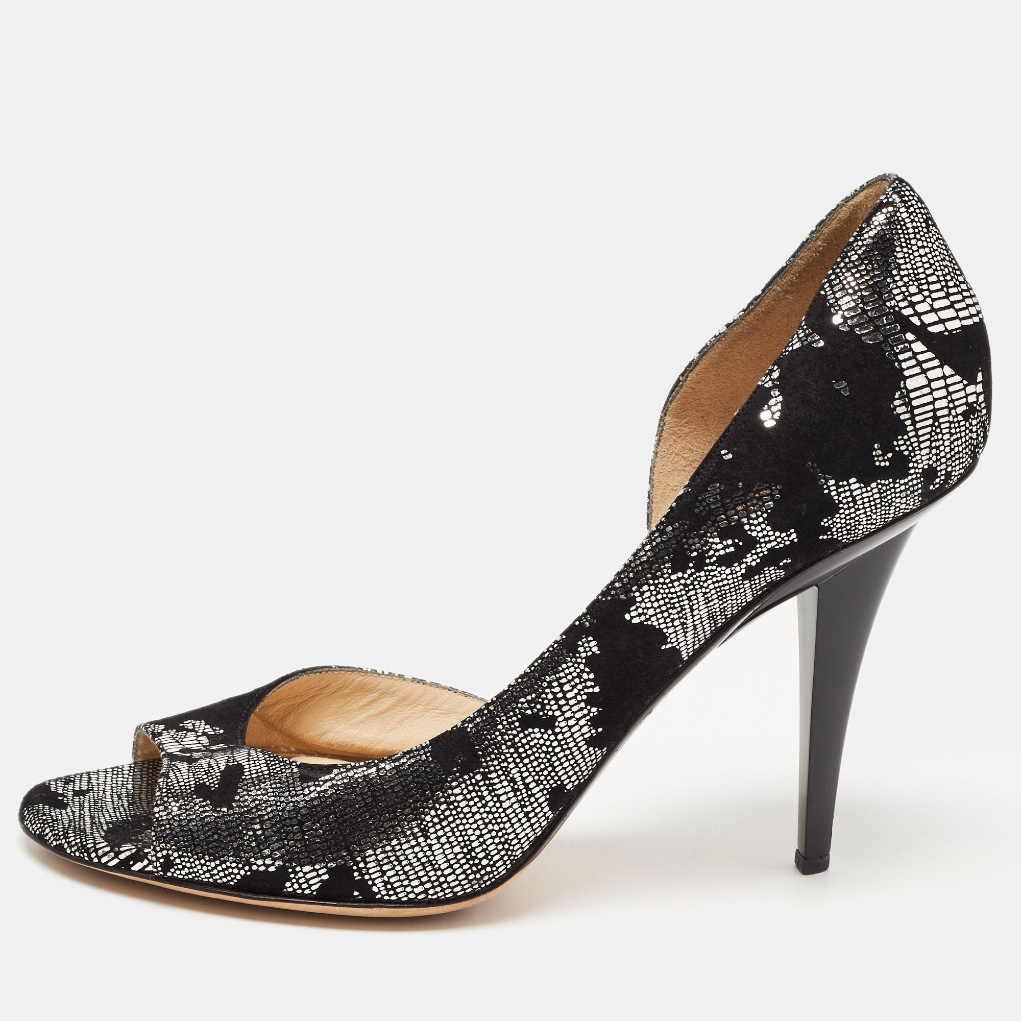 Jimmy Choo Black/Silver Suede And Fabric Open Toe Pumps 38.5