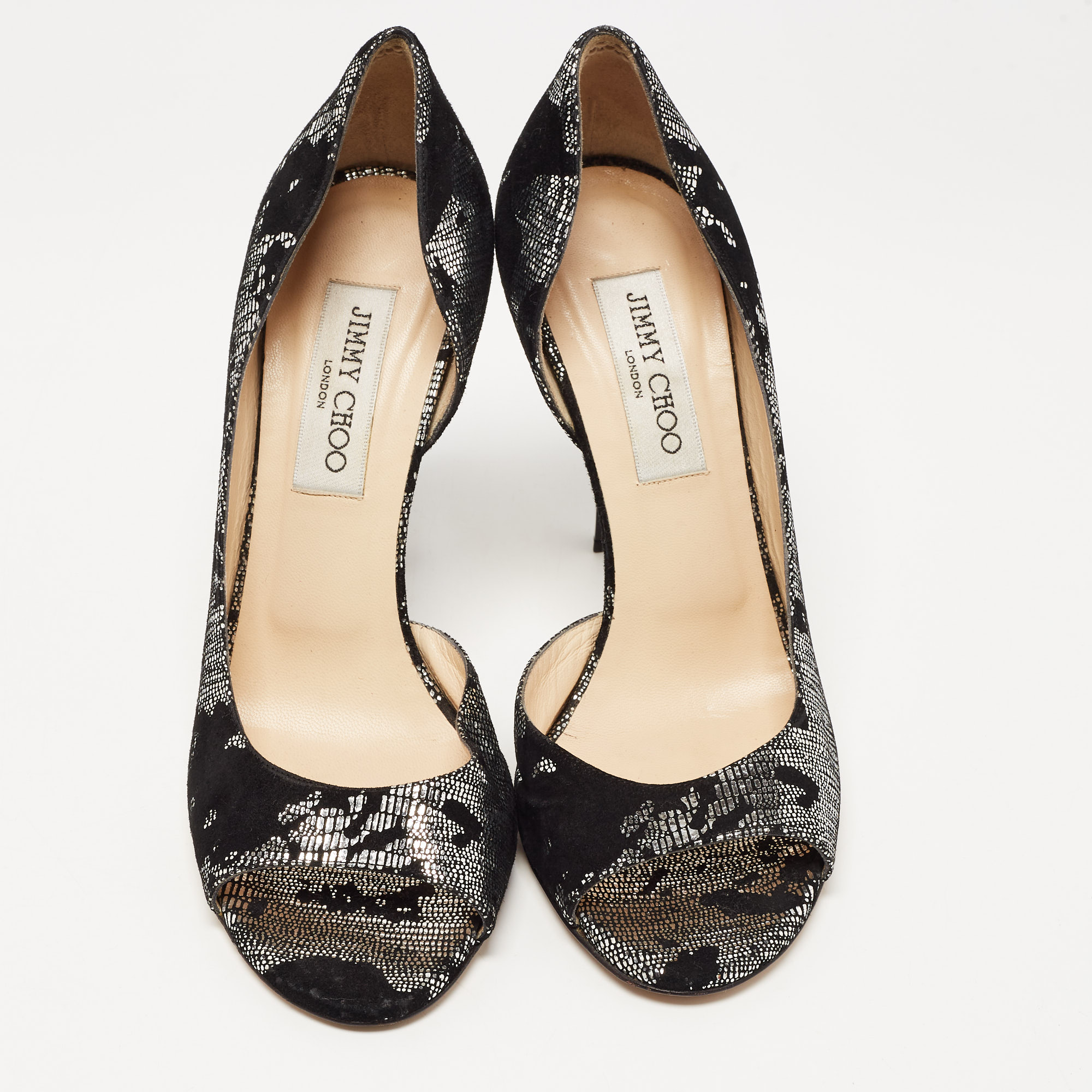 Jimmy Choo Black/Silver Suede And Fabric Open Toe Pumps 38.5