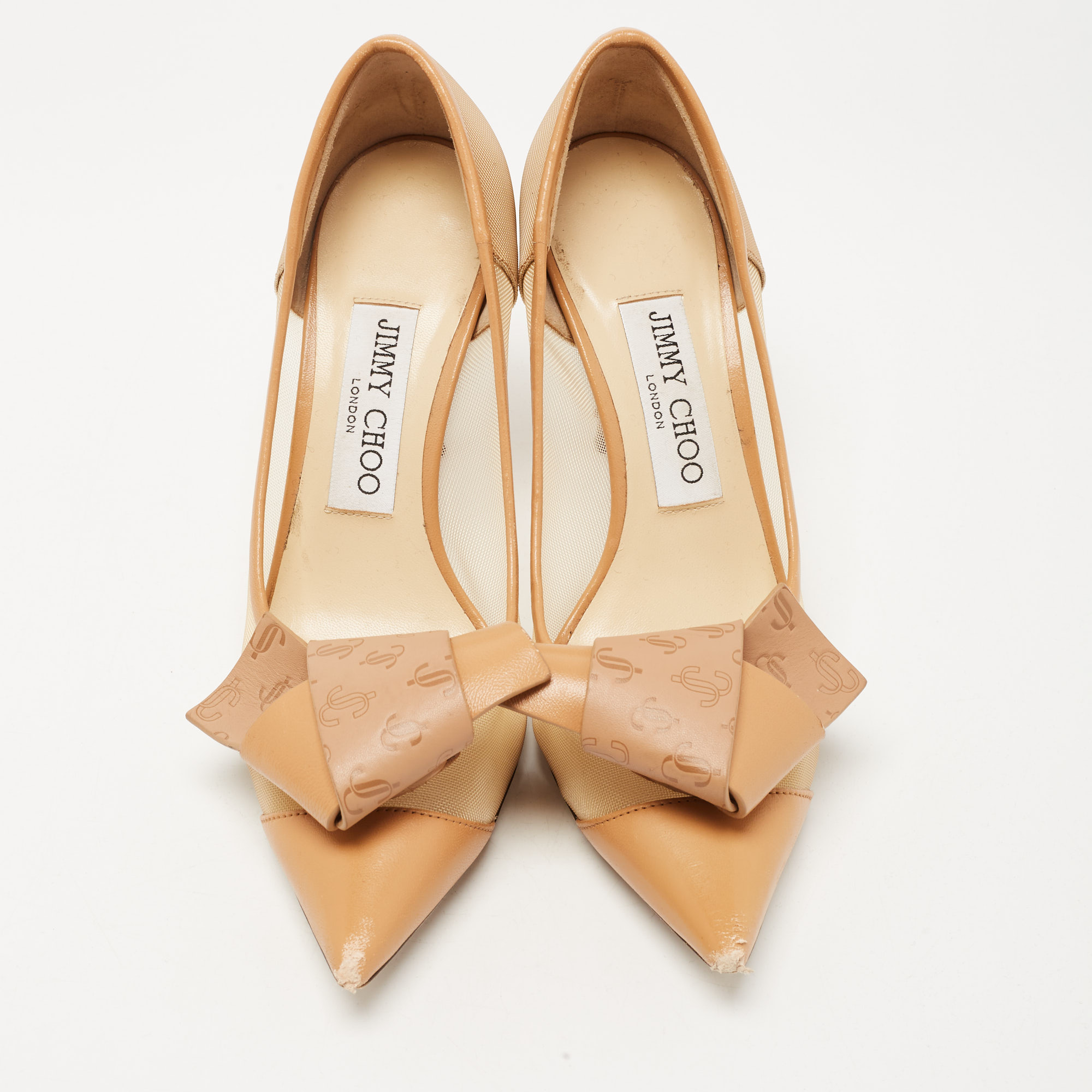 Jimmy Choo Beige Mesh And Leather JC Logo Bow Lani Pumps Size 36