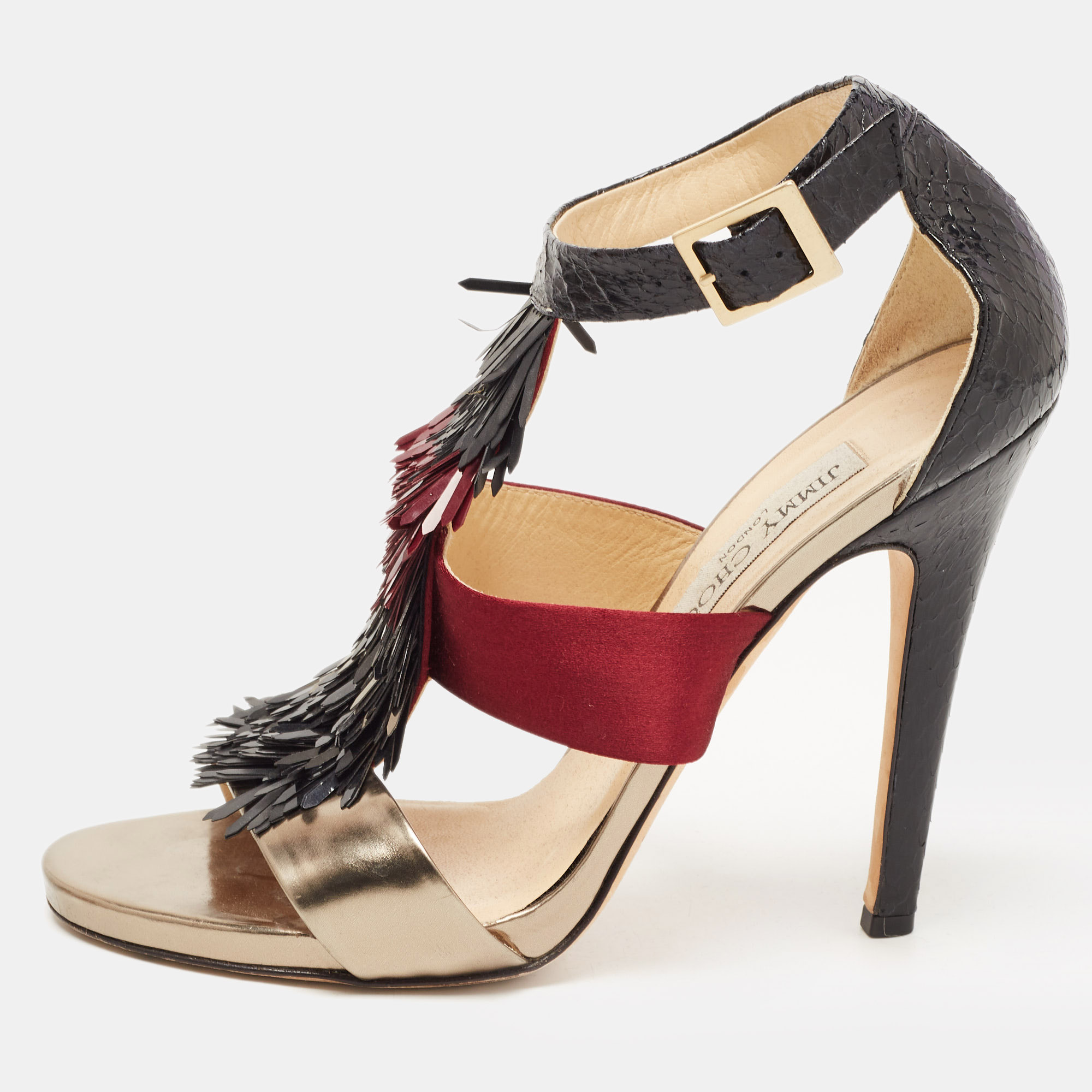 Jimmy Choo Tricolor Python, Satin And Leather Fedora Fringe Sandals Size 38.5