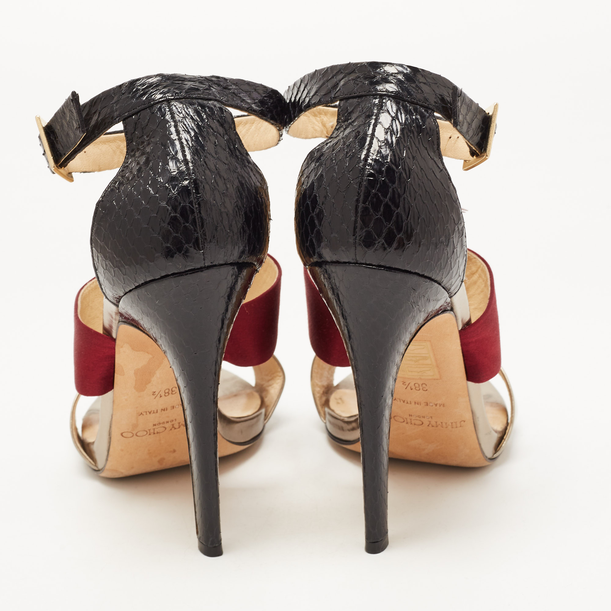 Jimmy Choo Tricolor Python, Satin And Leather Fedora Fringe Sandals Size 38.5