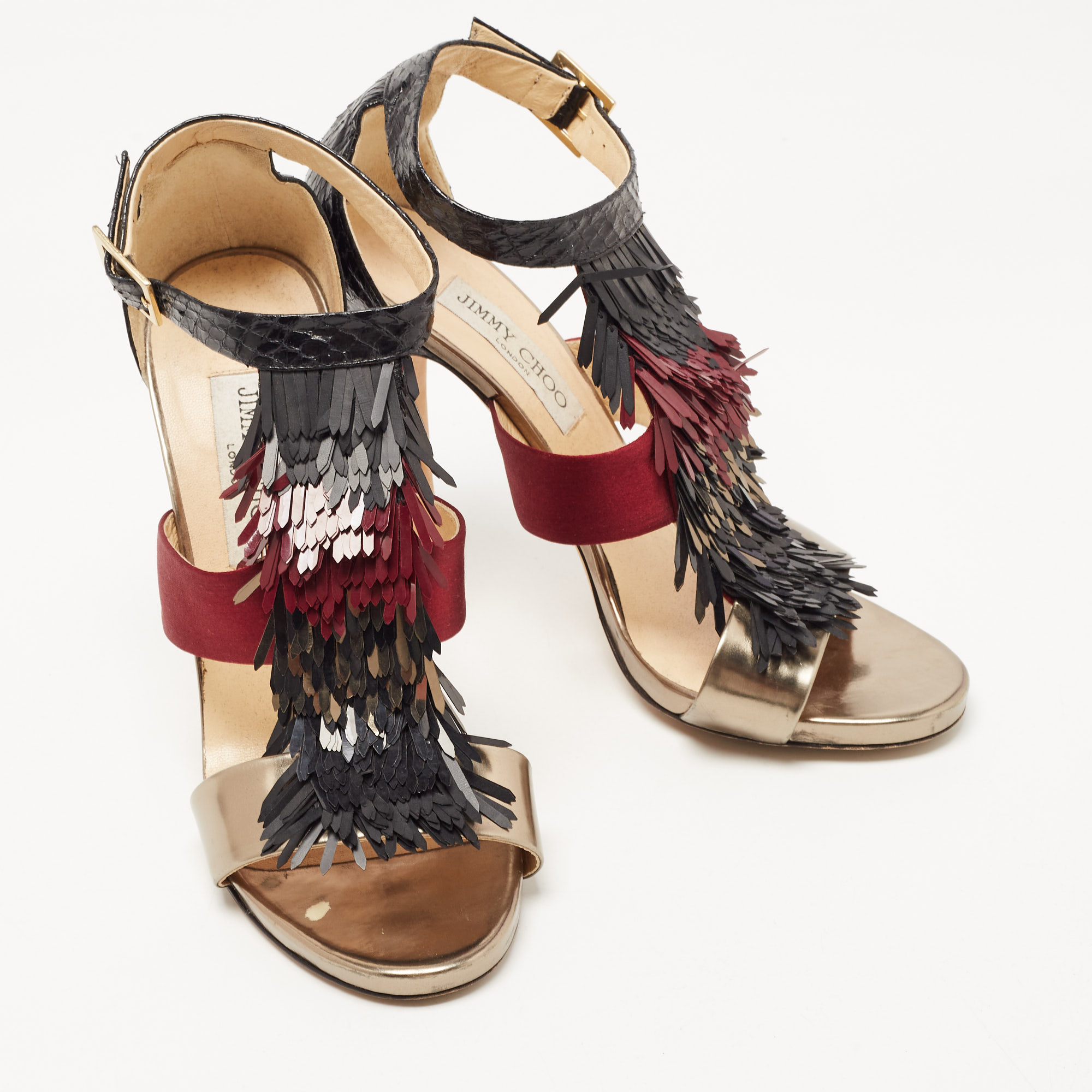 Jimmy Choo Tricolor Python, Satin And Leather Fedora Fringe Sandals Size 38.5