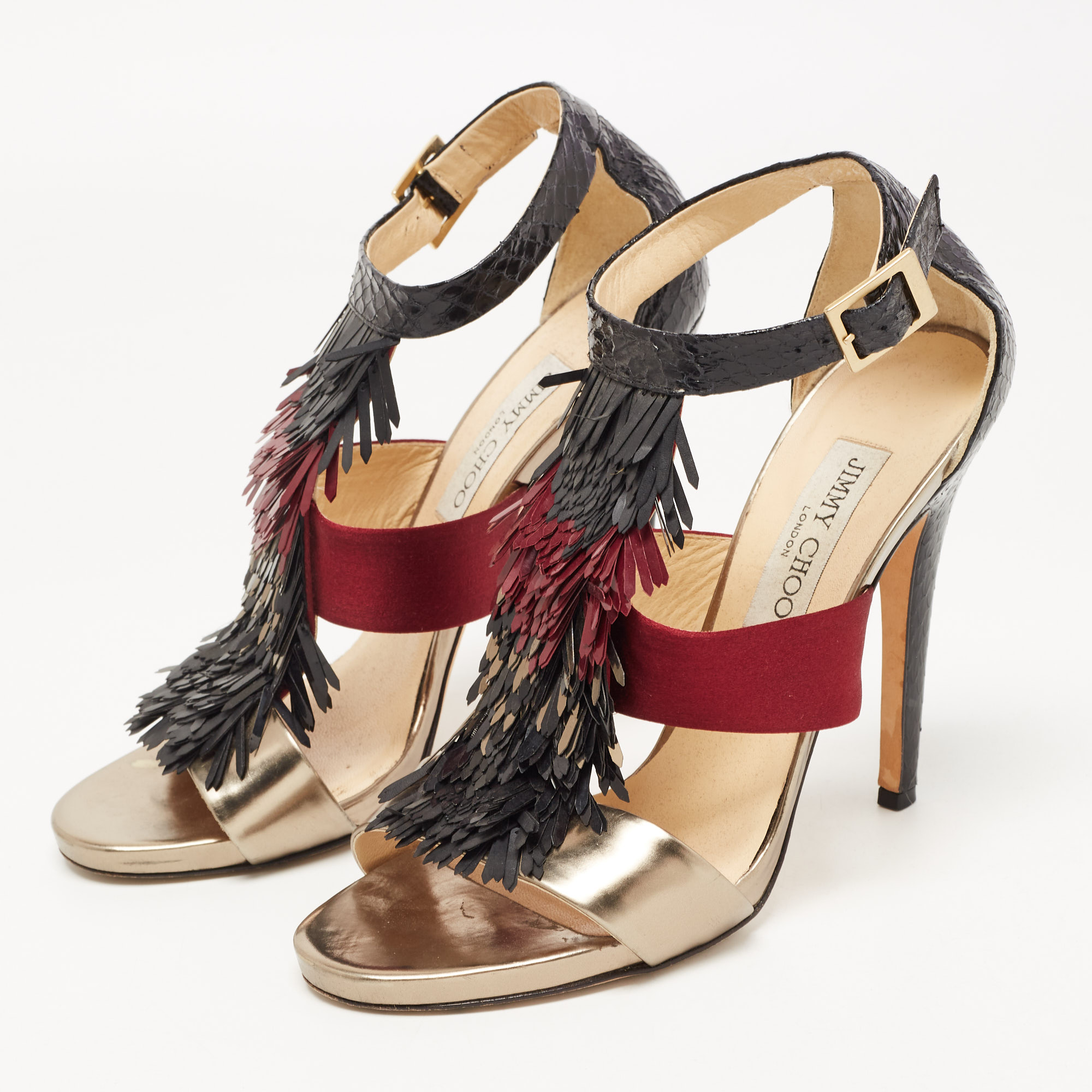 Jimmy Choo Tricolor Python, Satin And Leather Fedora Fringe Sandals Size 38.5