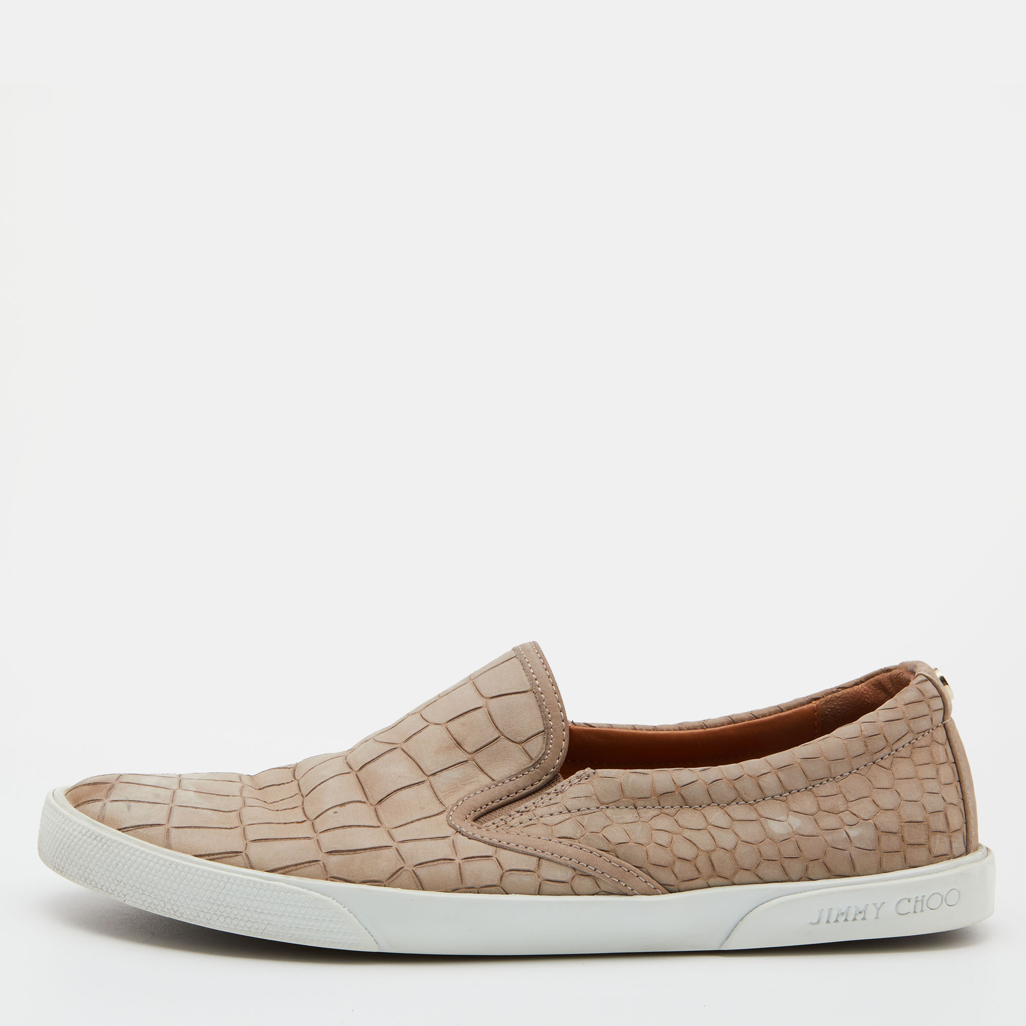 Jimmy Choo Taupe Croc Embossed Leather Slip On Sneakers Size 36.5