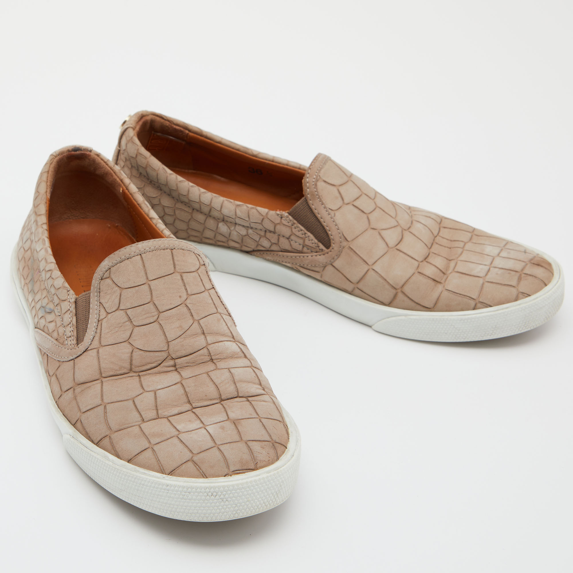 Jimmy Choo Taupe Croc Embossed Leather Slip On Sneakers Size 36.5