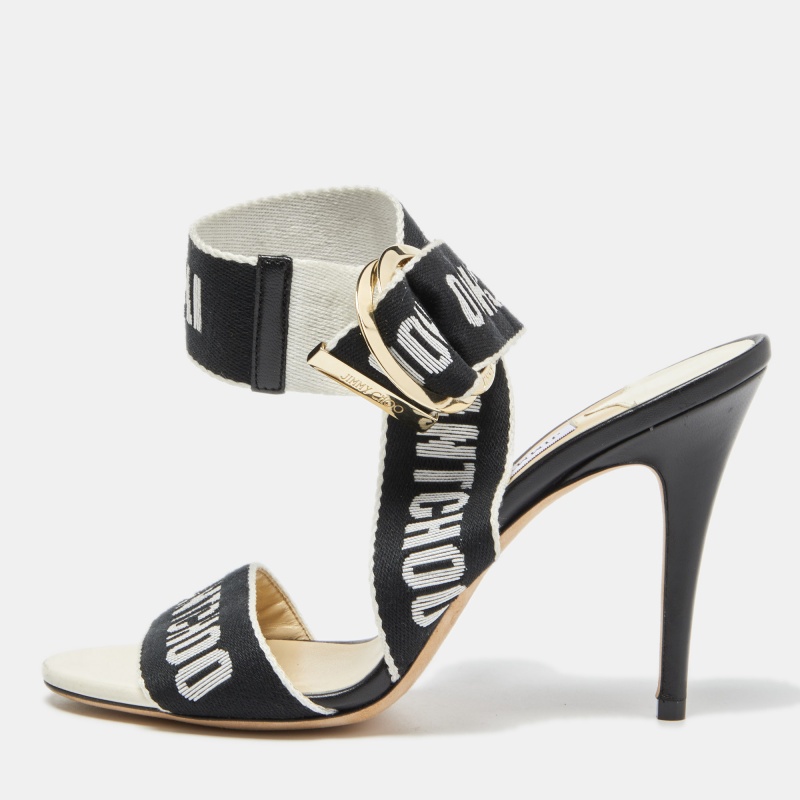 Jimmy Choo Black/White Canvas And Leather Bailey Sandals Size 38