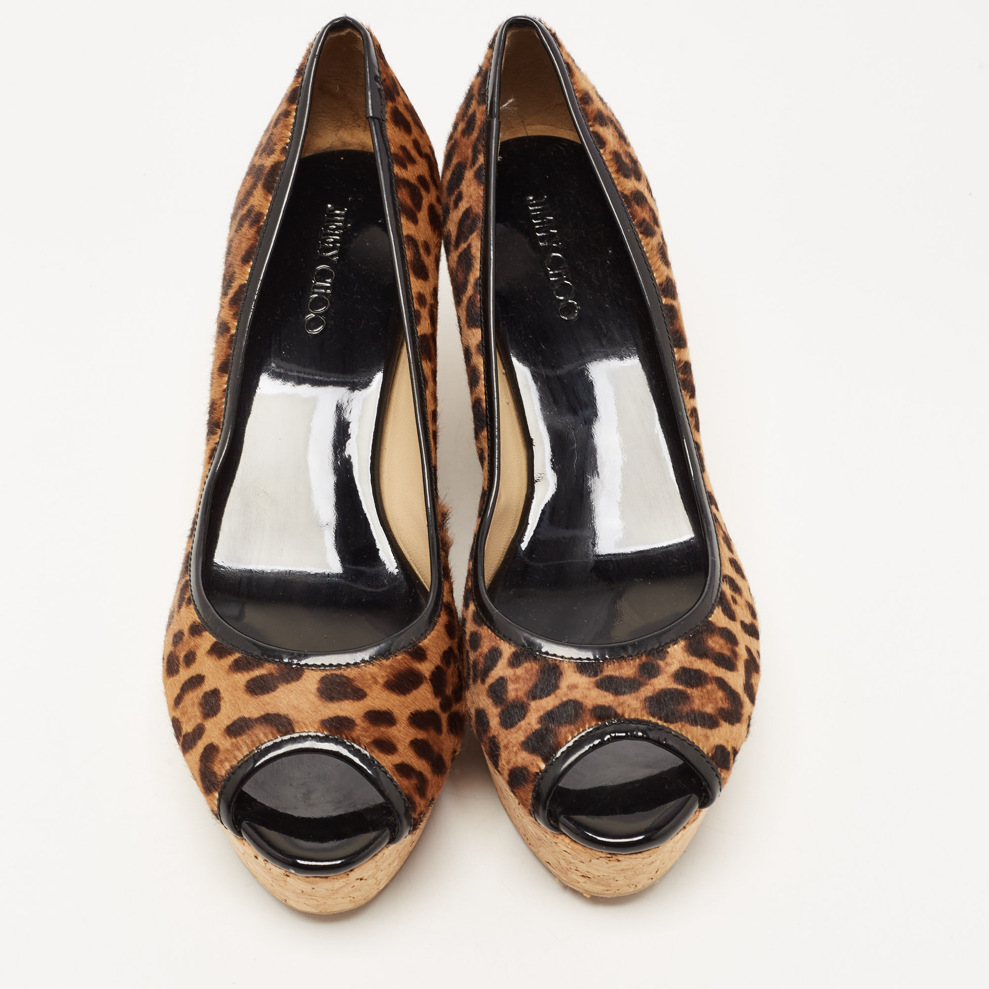 Jimmy Choo Leopard Print Calf Hair And Patent Trim Papina Cork Wedge Pumps Size 38