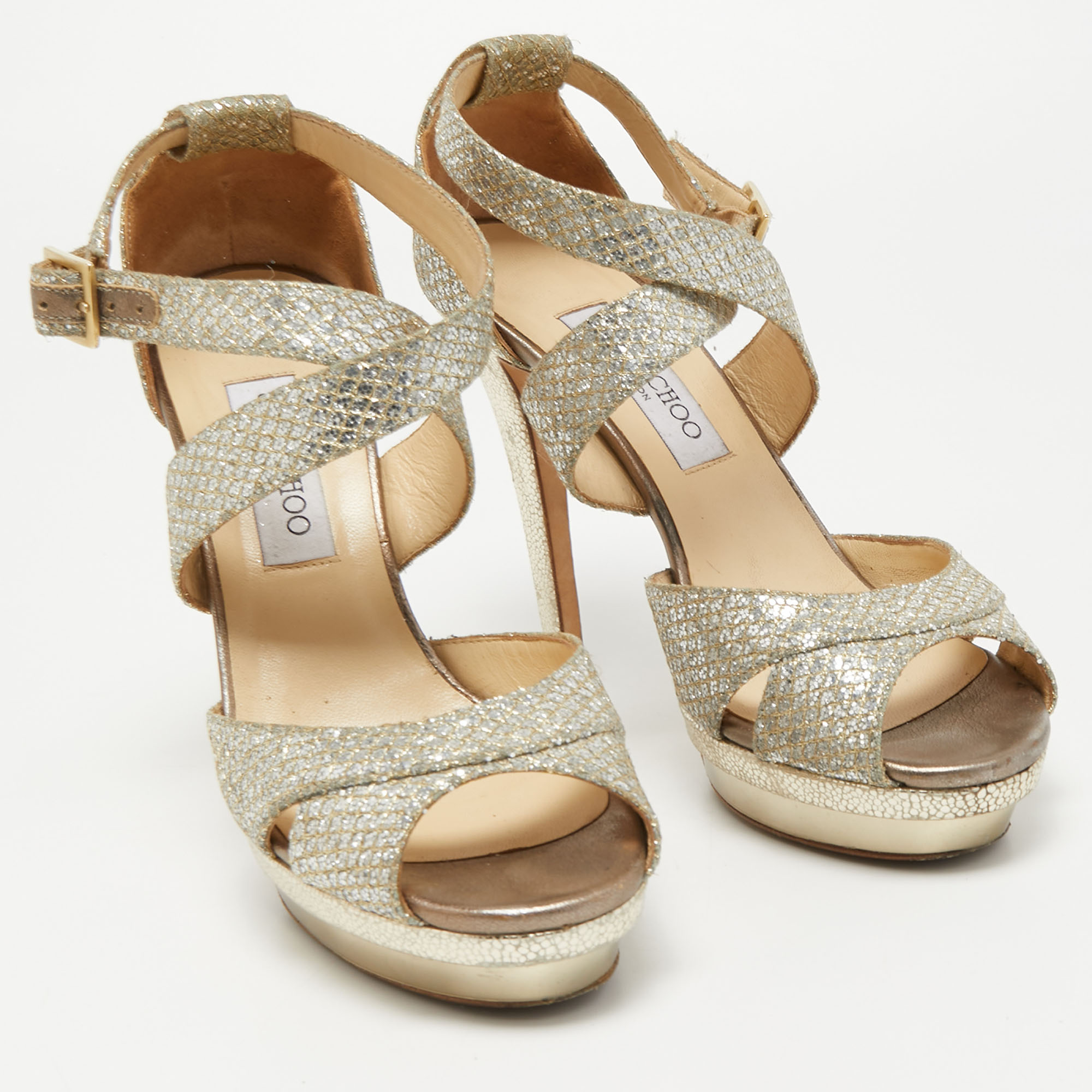 Jimmy Choo Gold Glitter Lace Kuki Platform Ankle Strap Sandals Size 40