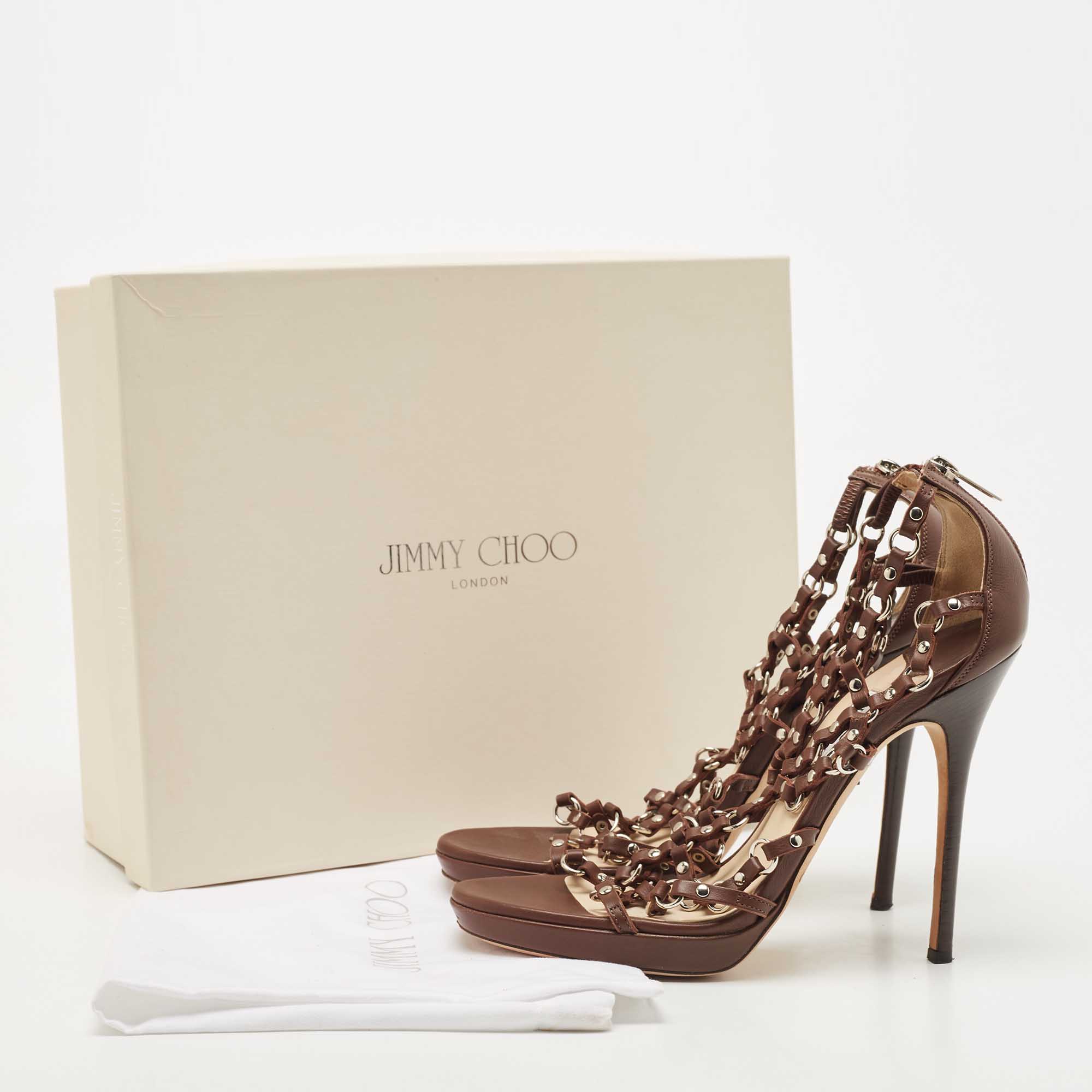 Jimmy Choo Brown Leather Liora Studded Caged Sandals Size 38