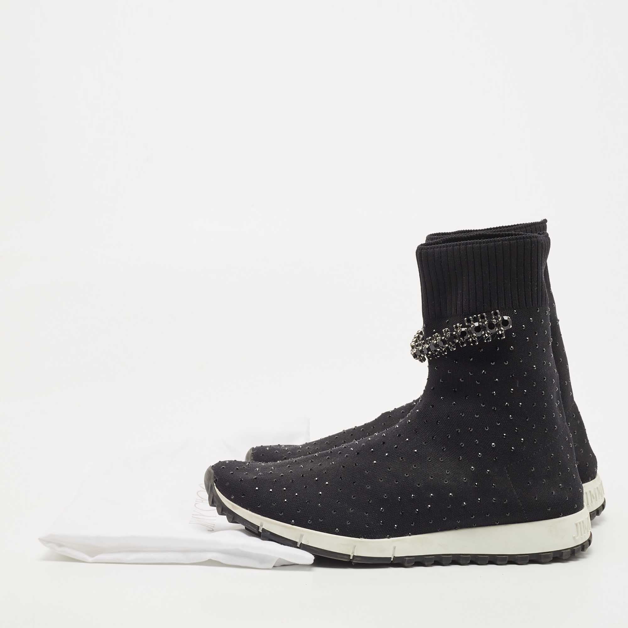 Jimmy Choo Black Crystal Embellished Knit Fabric Regena High Top Sneakers Size 38