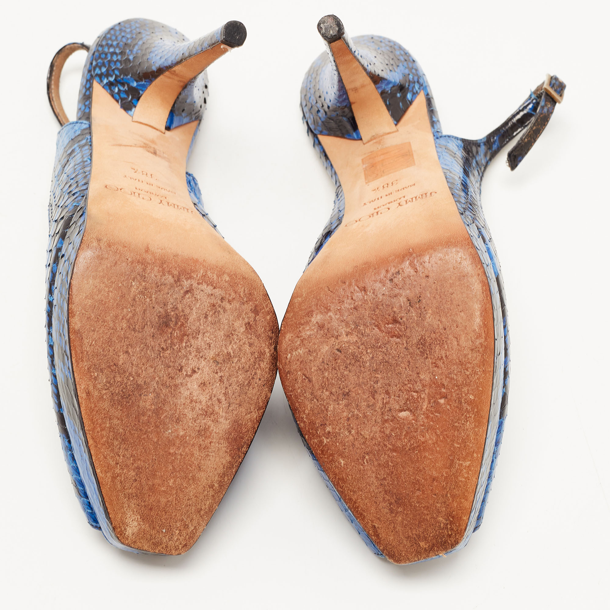 Jimmy Choo Black/Blue Python Leather Peep Toe Platform Slingback Sandals Size 38.5