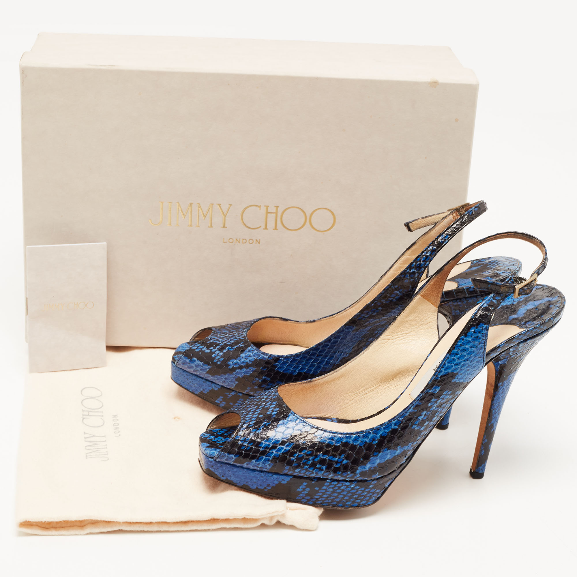 Jimmy Choo Black/Blue Python Leather Peep Toe Platform Slingback Sandals Size 38.5
