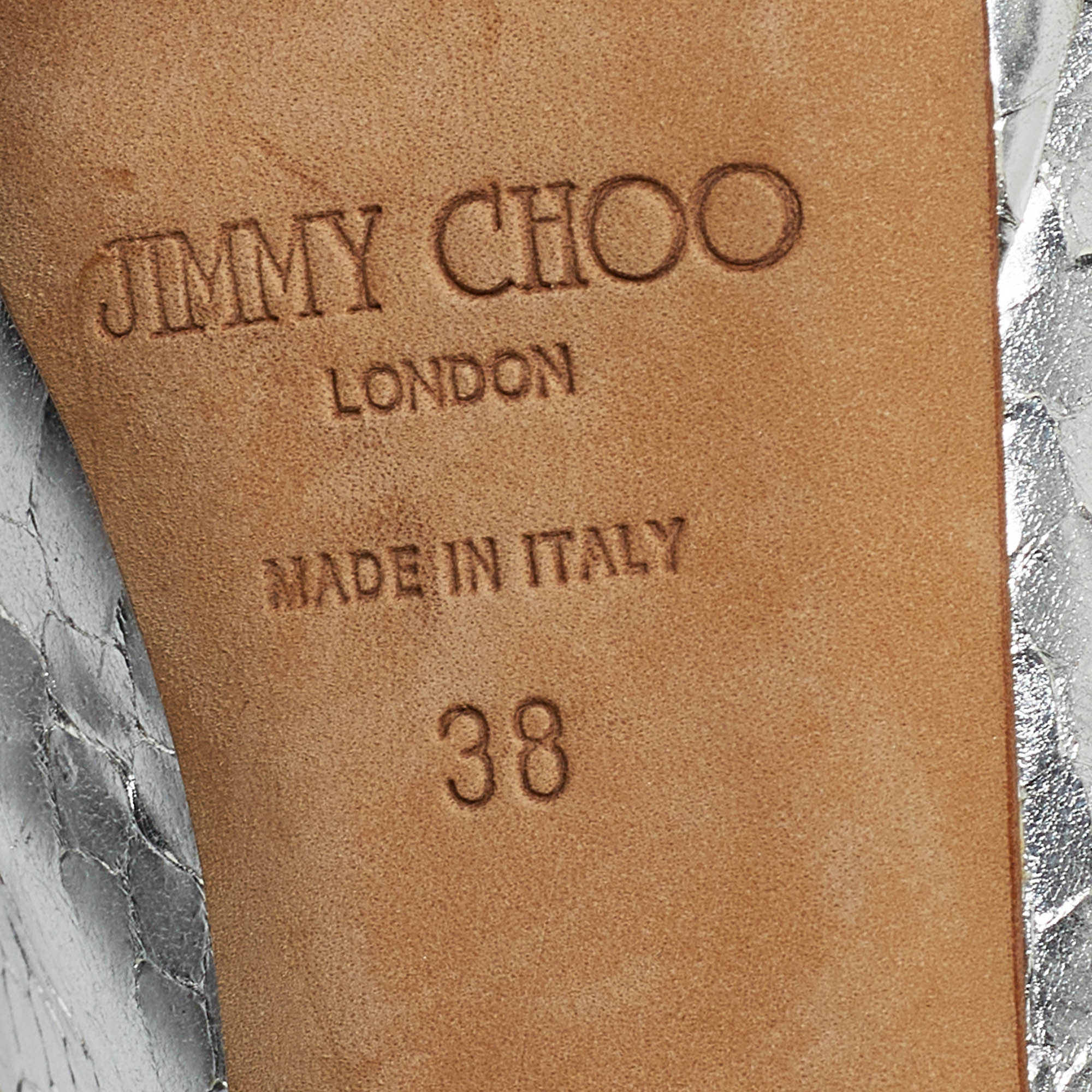 Jimmy Choo Silver Python Embossed Leather Nova Slingback Sandals Size 38