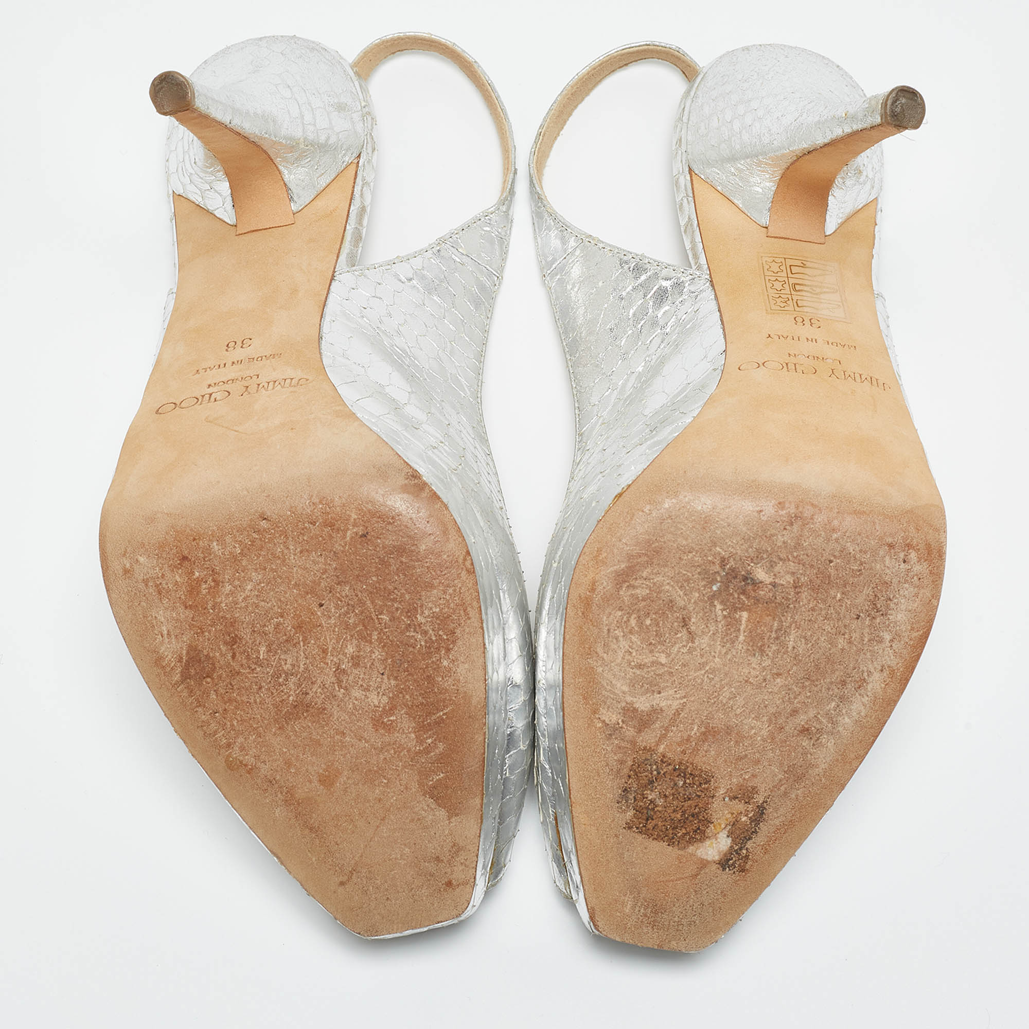 Jimmy Choo Silver Python Embossed Leather Nova Slingback Sandals Size 38