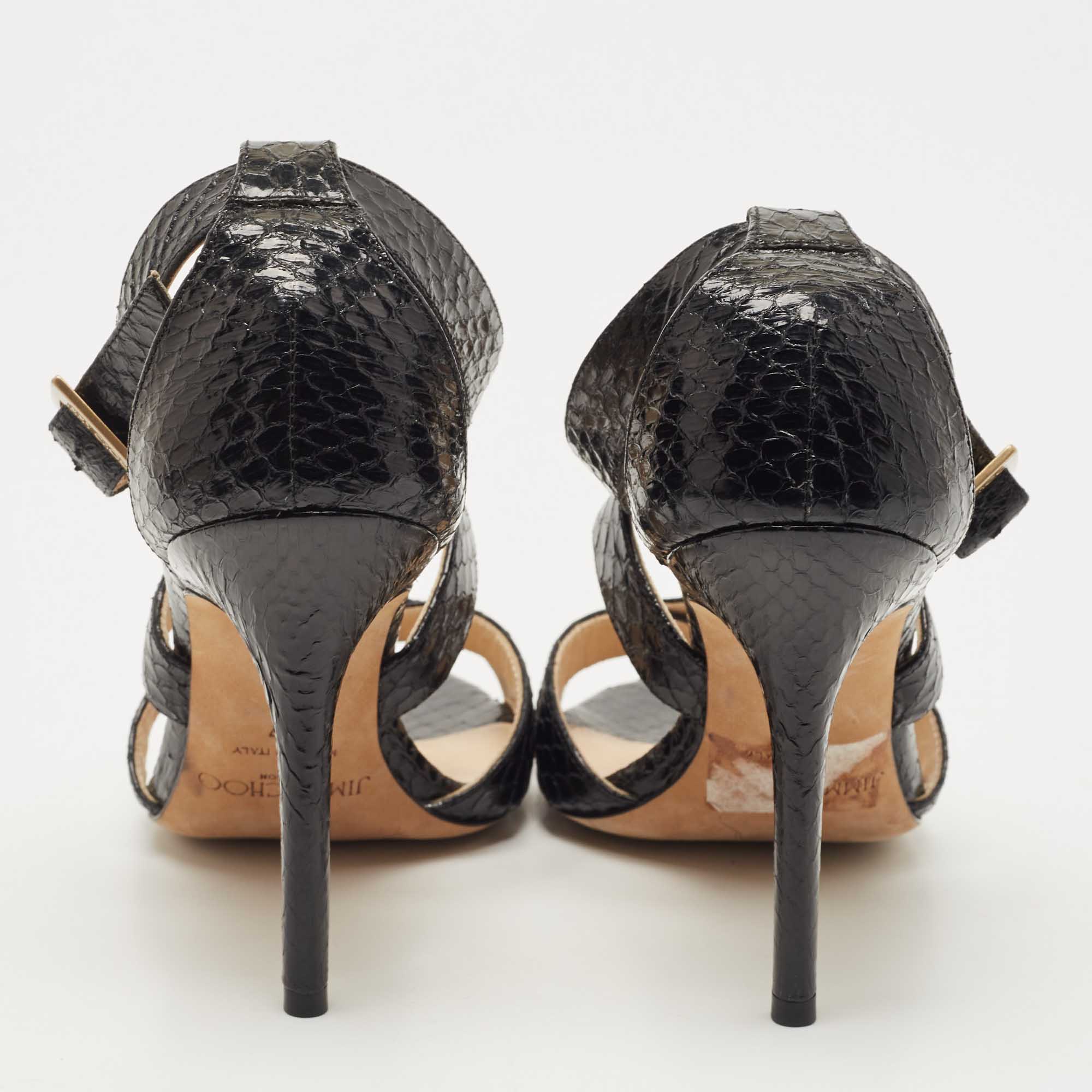 Jimmy Choo Black Python Leather Lottie Cross Strap Sandals Size 37