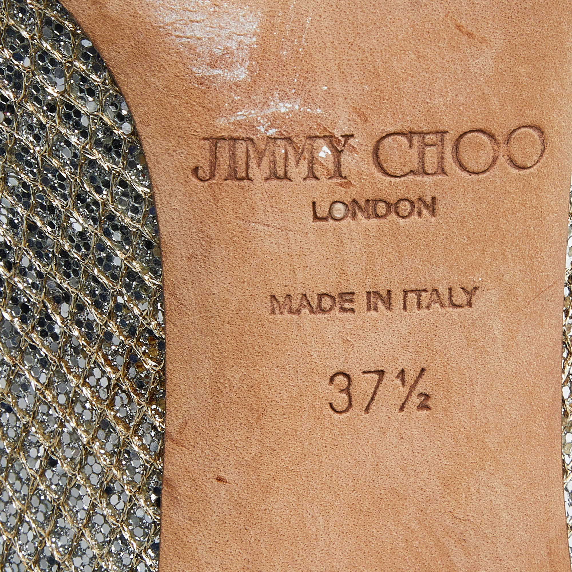 Jimmy Choo Gold Lurex Fabric Evelyn Open Toe Pumps Size 37.5